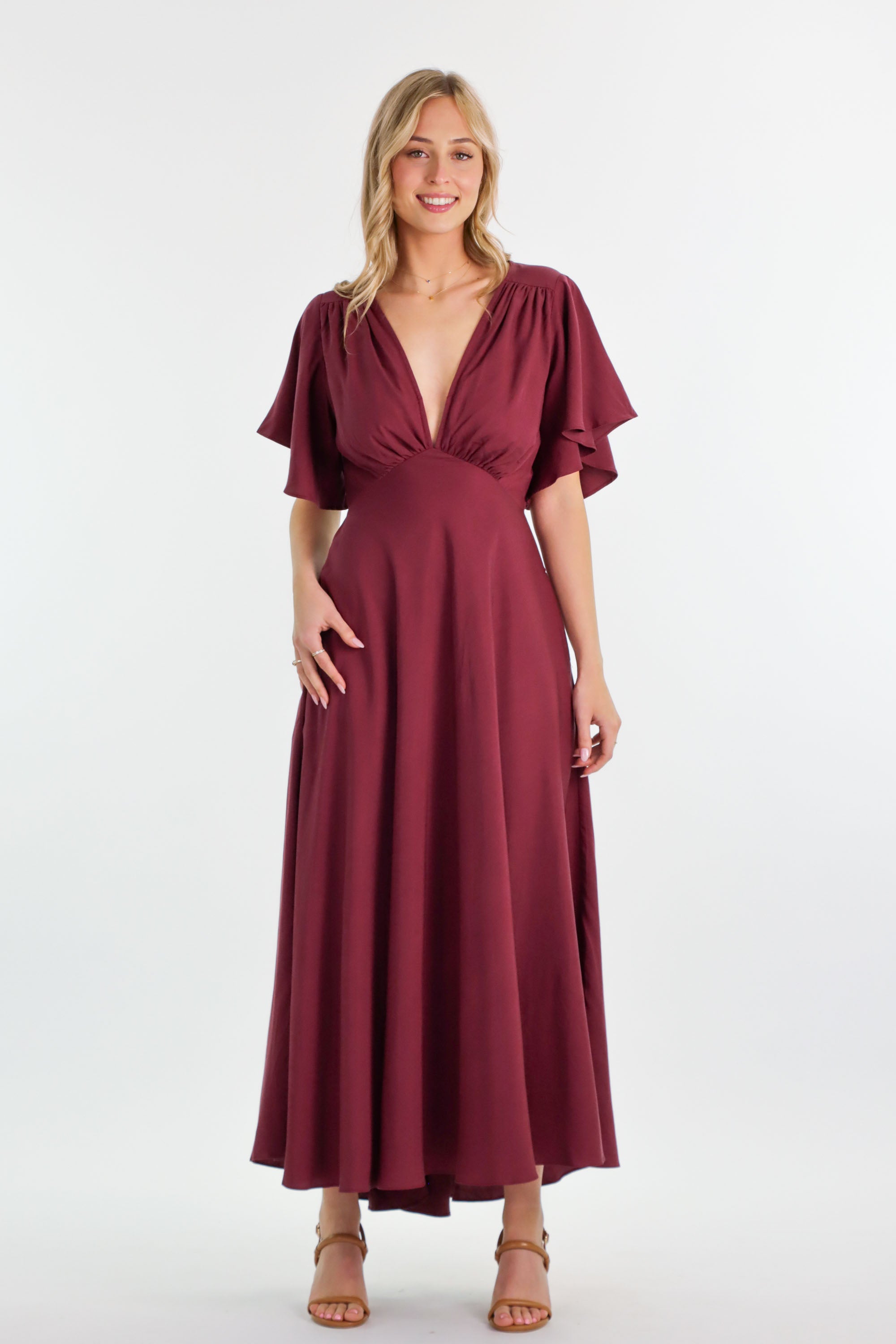 Athena Dress Plum Burgundy Tencel V-neck A-line butterfly sleeve – Aulieude