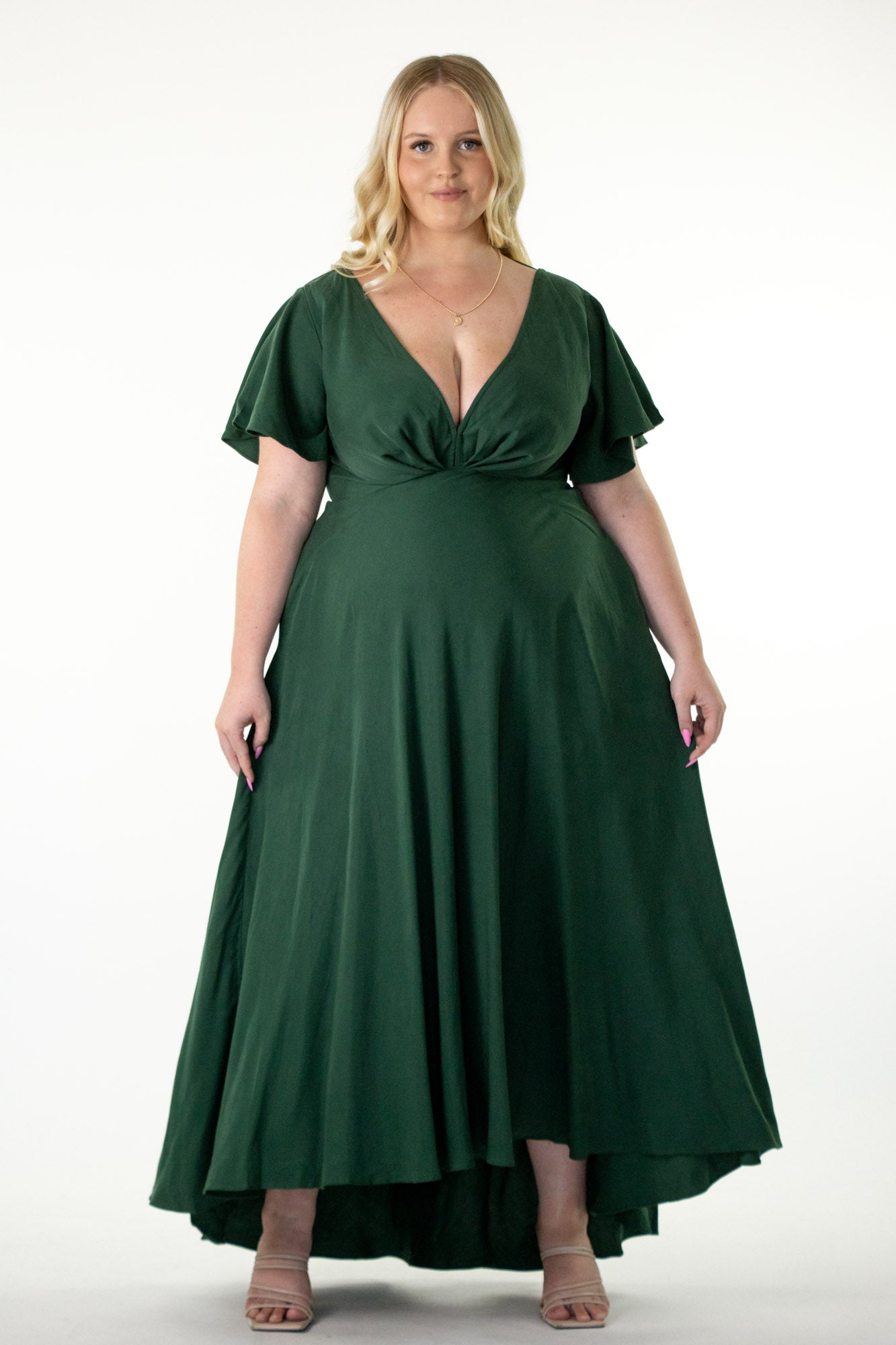 Forest Green Tencel Plunge V-neck A-line butterfly sleeve Dress Aulieude Forest Green Tencel Plunge V-neck A-line butterfly sleeve Dress Aulieude