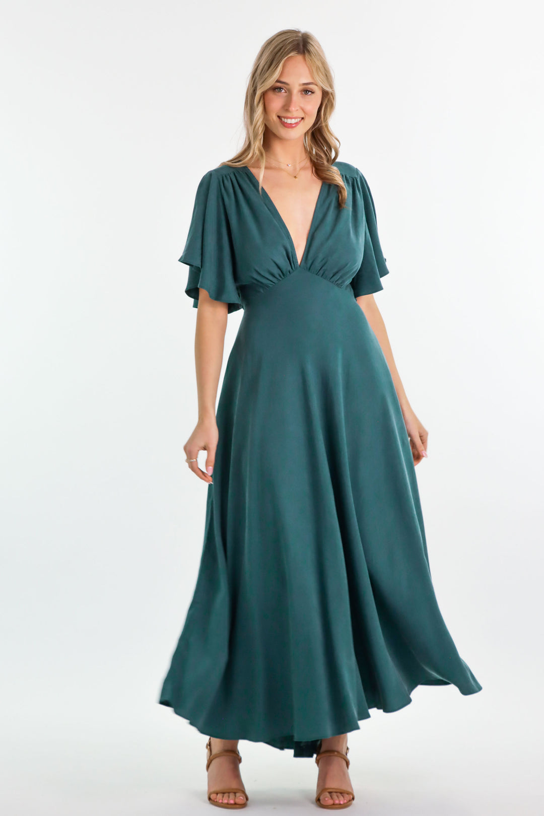 Athena Dress Emerald Green Tencel V-neck A-line butterfly sleeve Aulieude Athena Dress Emerald Green Tencel V-neck A-line butterfly sleeve Aulieude