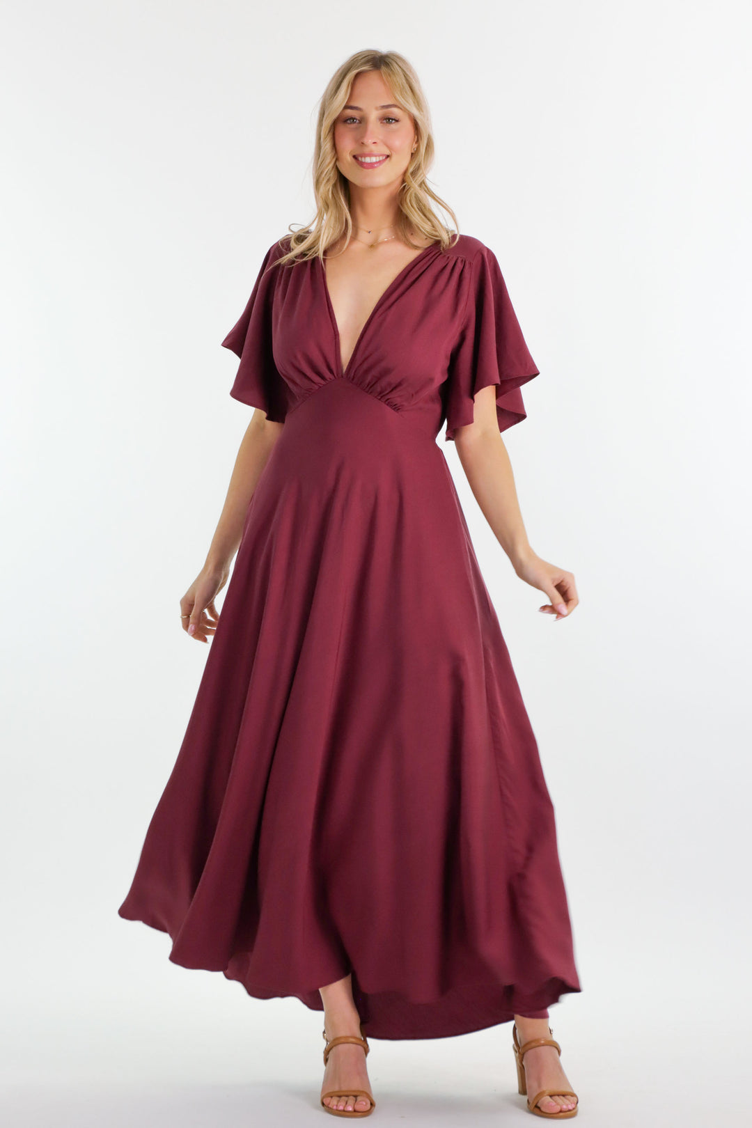 Athena Dress Plum Burgundy Tencel V-neck A-line butterfly sleeve Aulieude Athena Dress Plum Burgundy Tencel V-neck A-line butterfly sleeve Aulieude