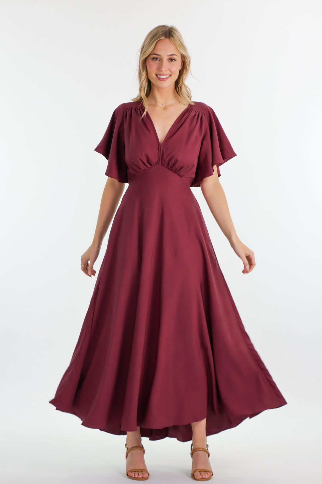 Athena Dress Plum Burgundy Tencel V-neck A-line butterfly sleeve – Aulieude