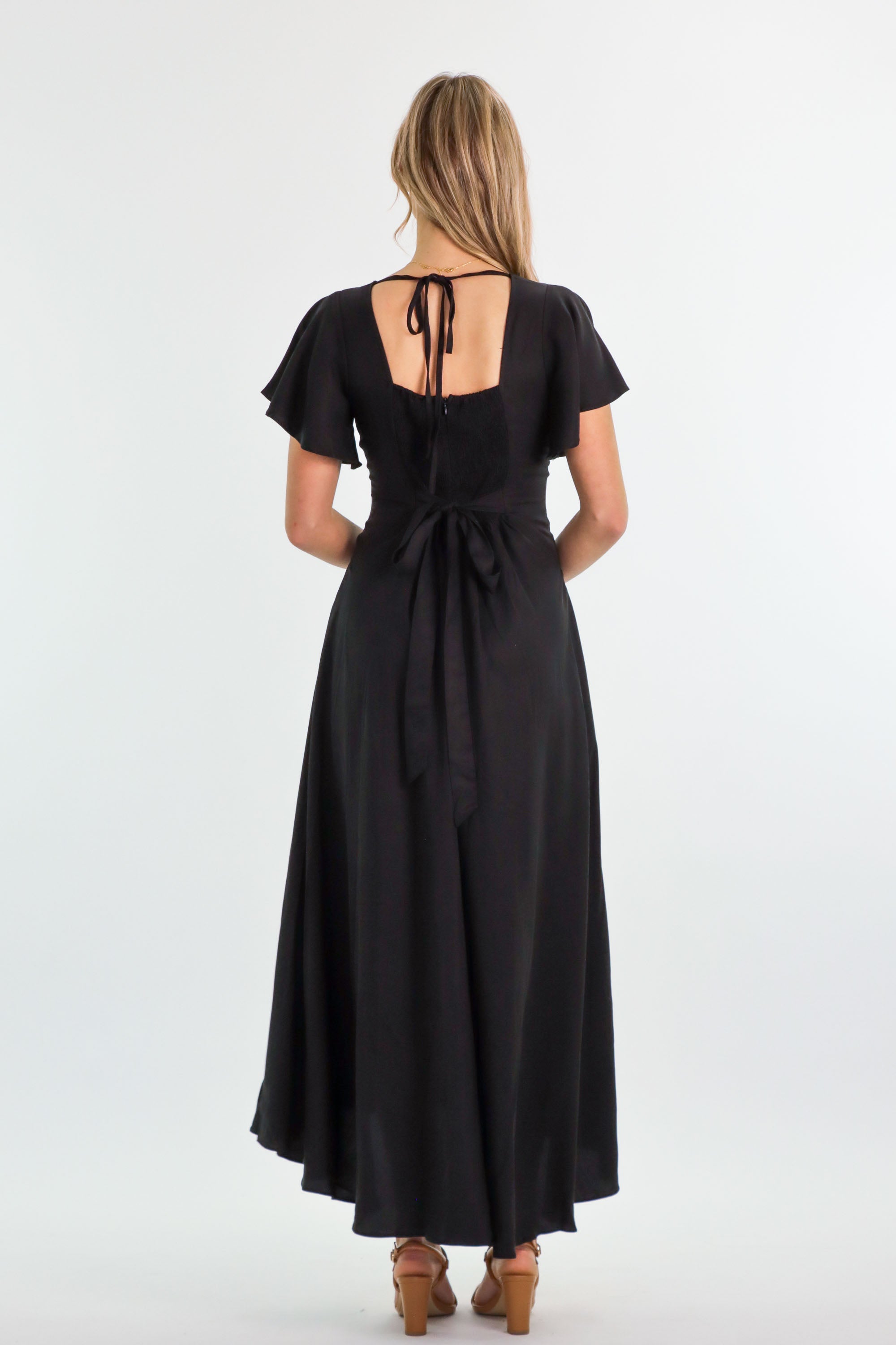 Black Tencel Plunge V-neck A-line butterfly sleeve Dress – Aulieude