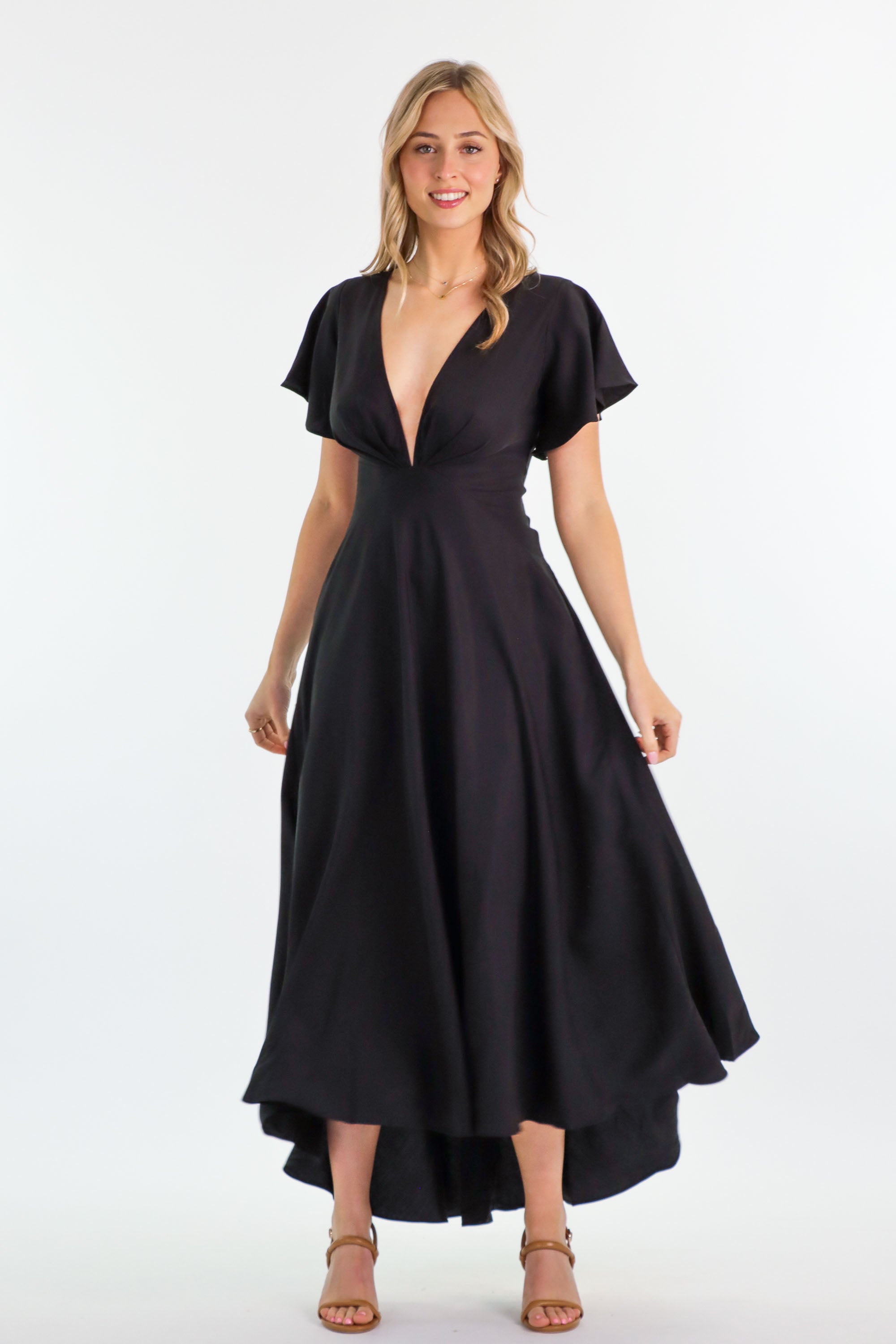 Black Tencel Plunge V-neck A-line butterfly sleeve Dress – Aulieude