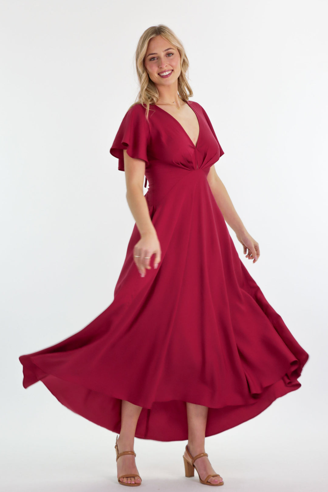 raspberry red dress Raspberry Stretch Satin Long Dress With Wrap-Over Slit And Lace-Up Bac