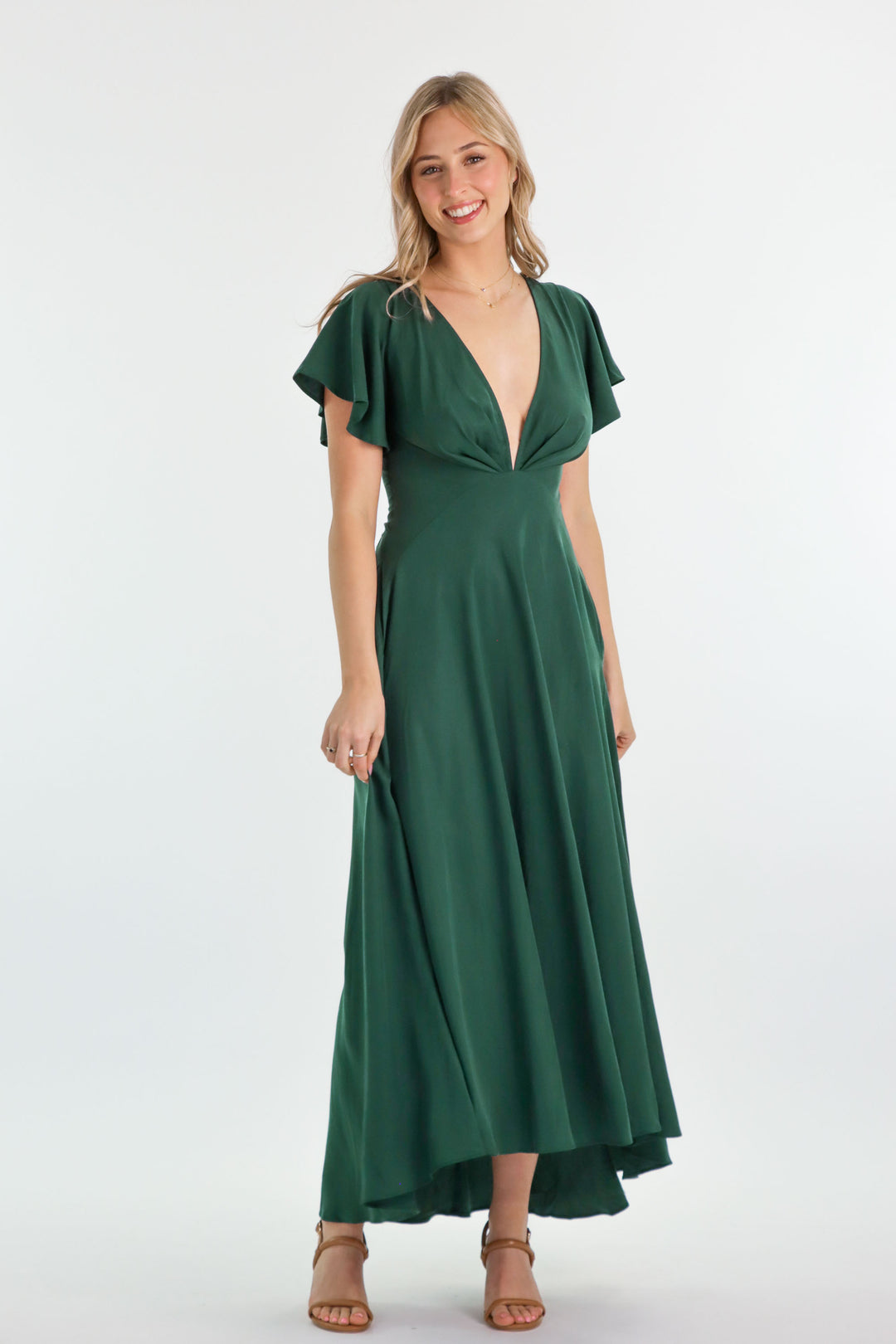 Forest Green Tencel Plunge V-neck A-line butterfly sleeve Dress Aulieude Forest Green Tencel Plunge V-neck A-line butterfly sleeve Dress Aulieude