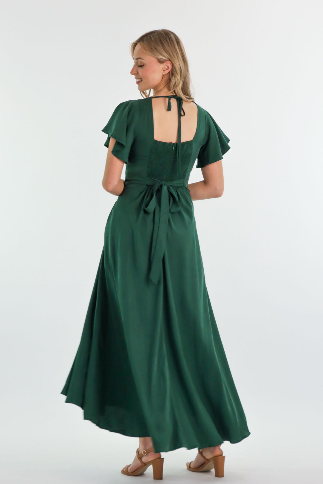 Forest Green Tencel Plunge V-neck A-line butterfly sleeve Dress Aulieude Forest Green Tencel Plunge V-neck A-line butterfly sleeve Dress Aulieude