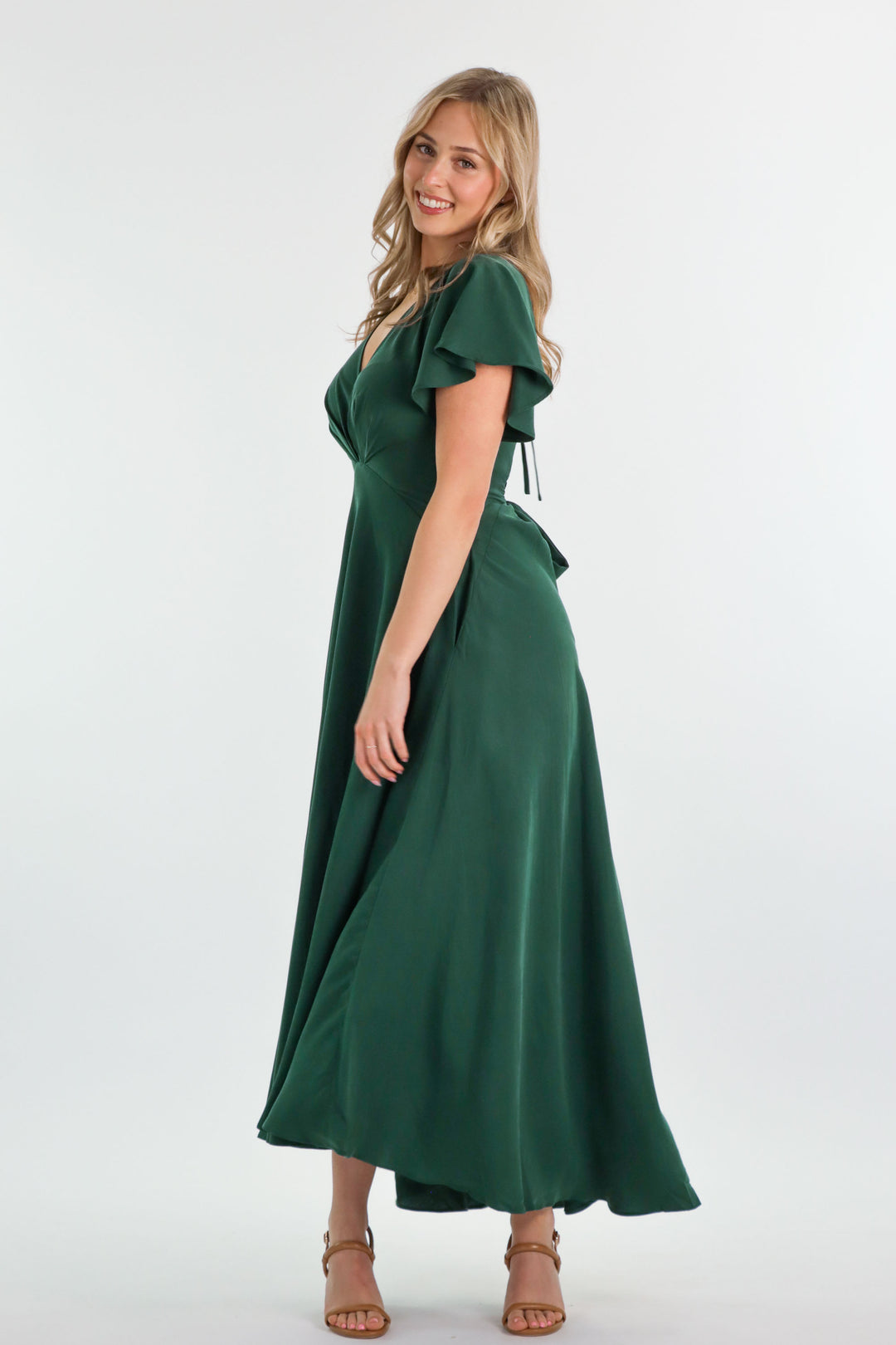 Forest Green Tencel Plunge V-neck A-line butterfly sleeve Dress Aulieude Forest Green Tencel Plunge V-neck A-line butterfly sleeve Dress Aulieude