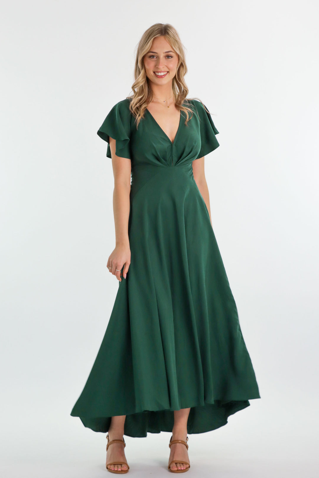 Forest Green Tencel Plunge V-neck A-line butterfly sleeve Dress Aulieude Forest Green Tencel Plunge V-neck A-line butterfly sleeve Dress Aulieude