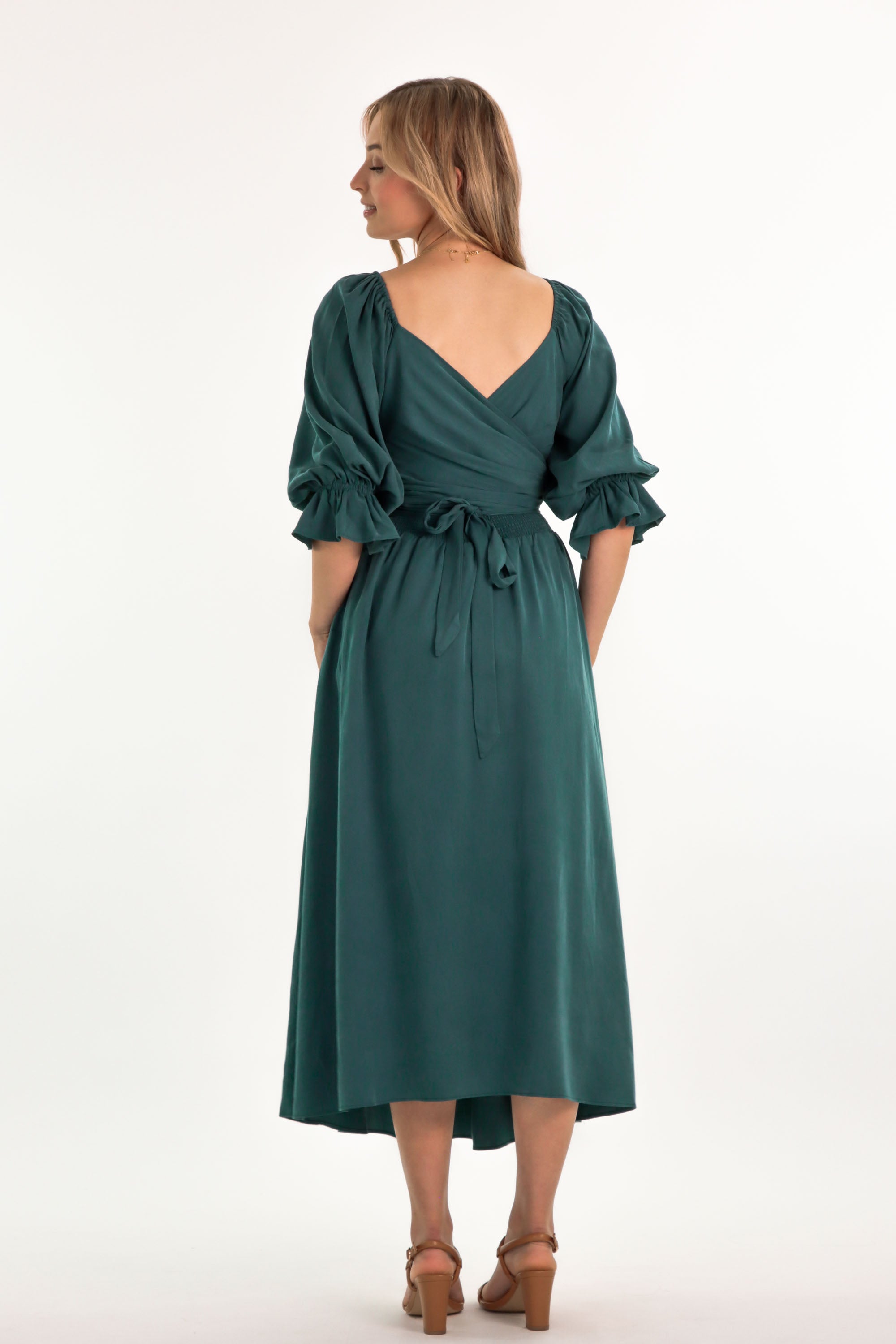 Charlotte Emerald Green Tencel Wrap Dress Cottagecore – Aulieude