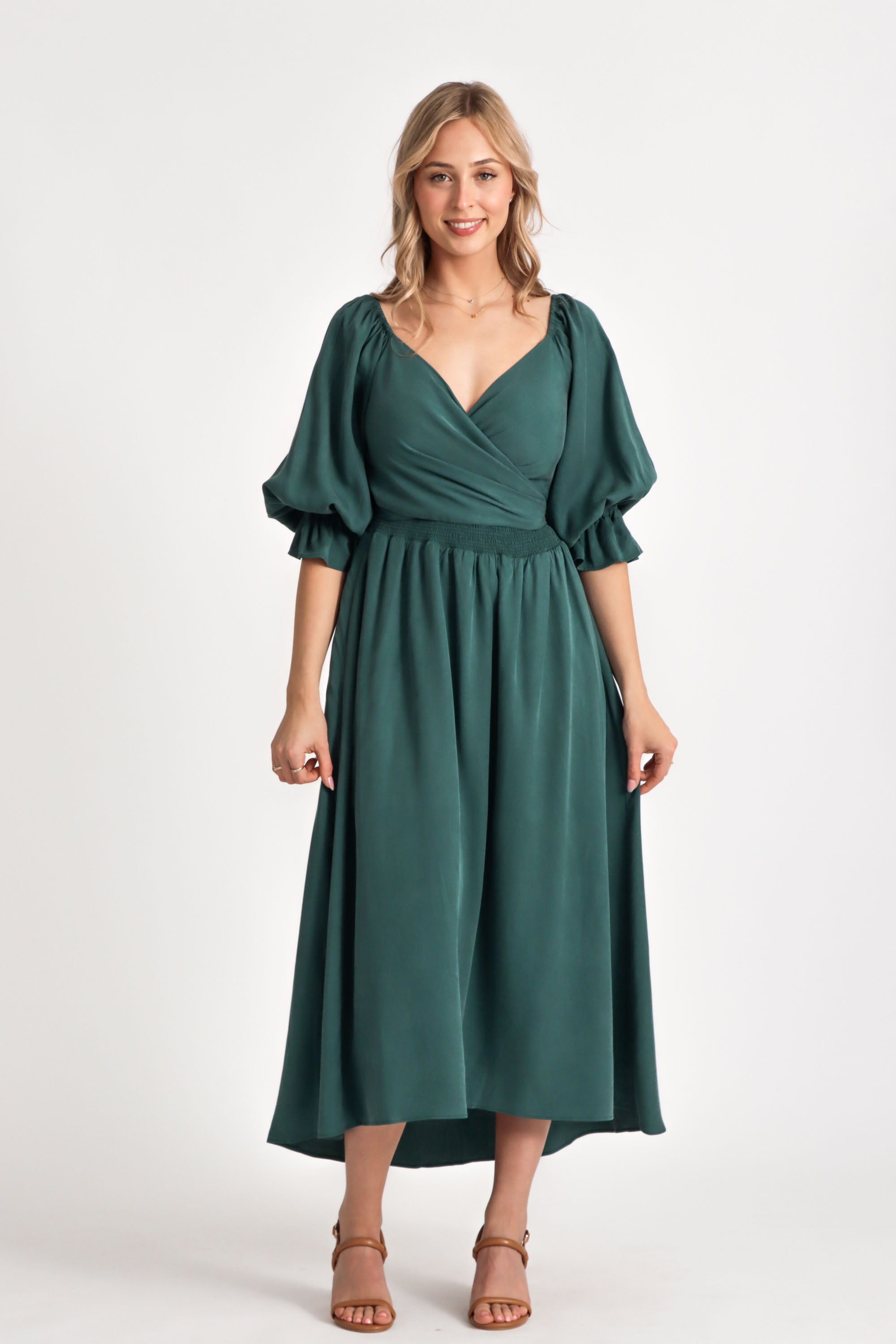 Charlotte Emerald Green Tencel Wrap Dress Cottagecore – Aulieude