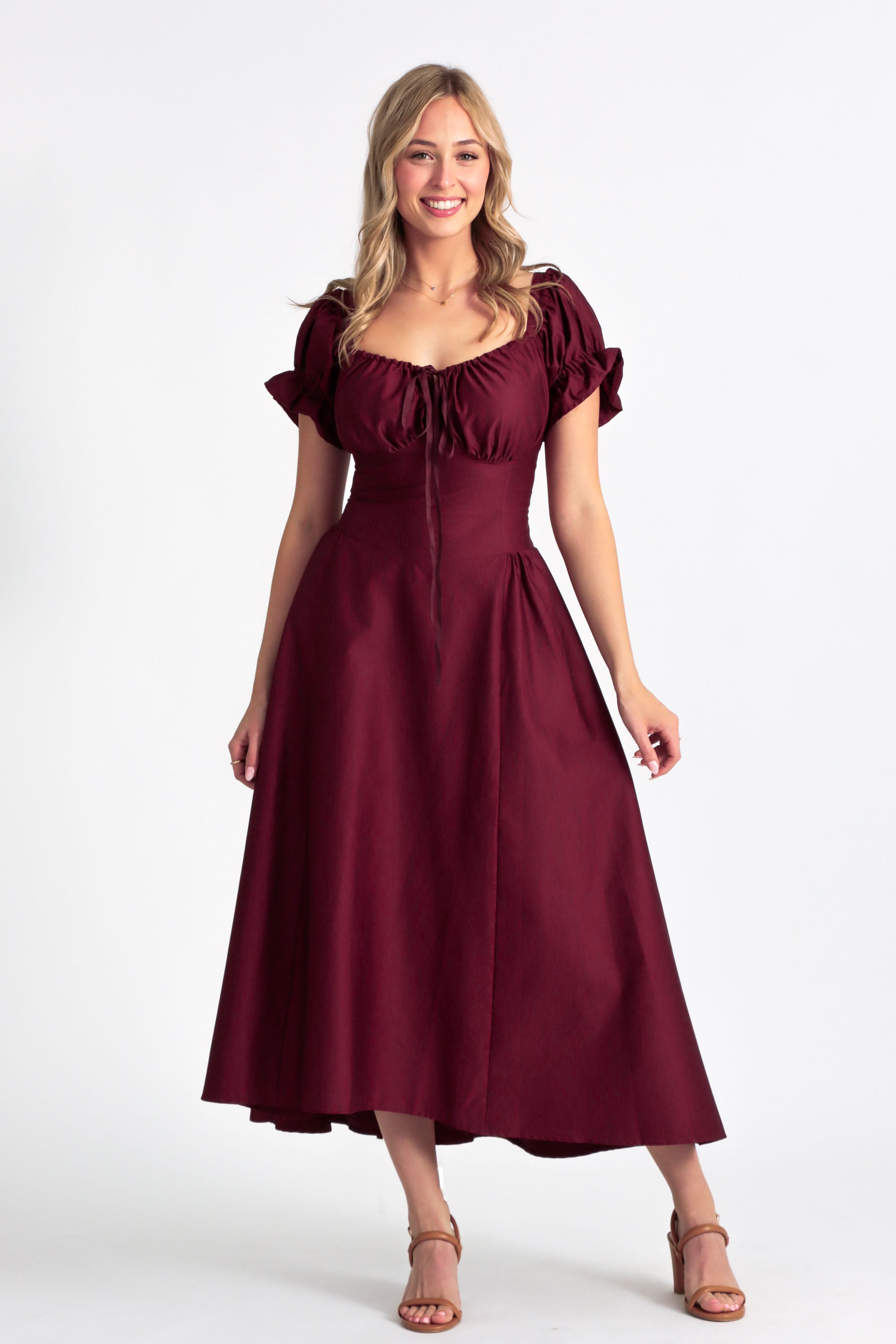 Cottage Core Cotton Sateen Corset Dress - Burgundy Plum Aulieude Cottage Core Cotton Sateen Corset Dress - Burgundy Plum Aulieude