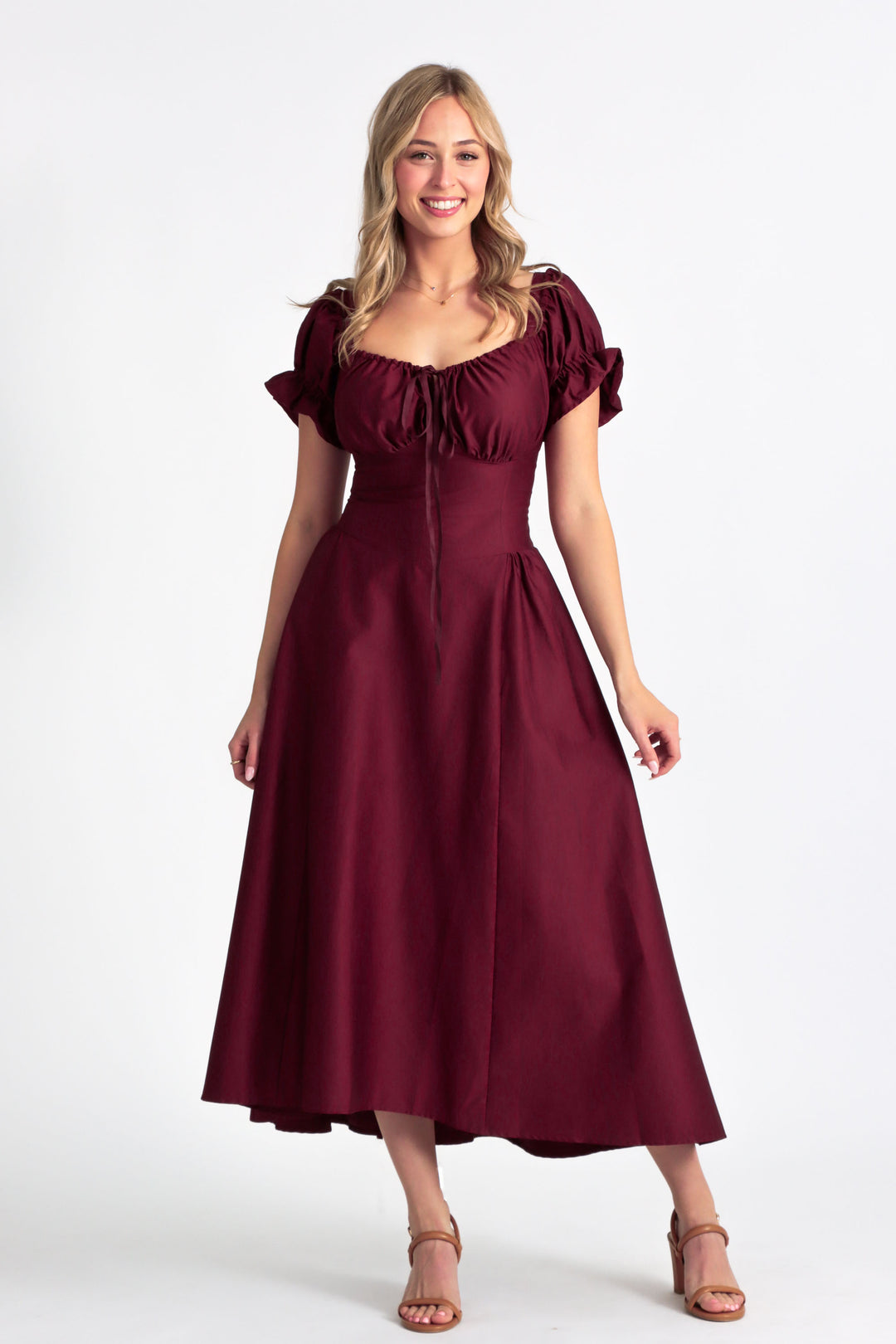 Cottage Core Cotton Sateen Corset Dress - Burgundy Plum Aulieude Cottage Core Cotton Sateen Corset Dress - Burgundy Plum Aulieude