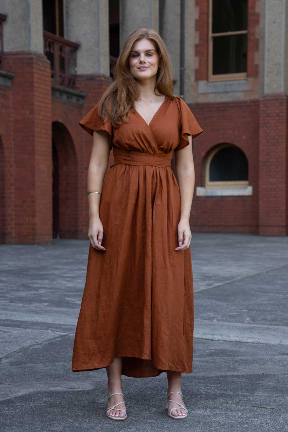 linen rust dress Rust Red Linen Shirt Dress  Vintage Button-Front Maxi