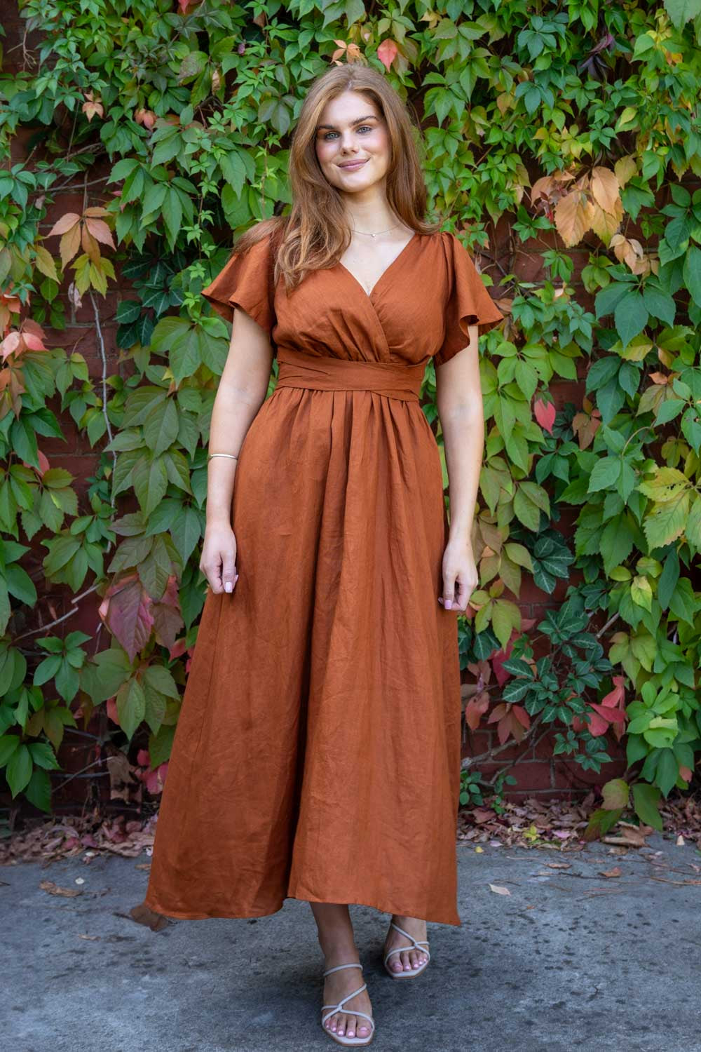 chinese dress ladies Rust Orange Linen Long Sleeve Dress main image 0