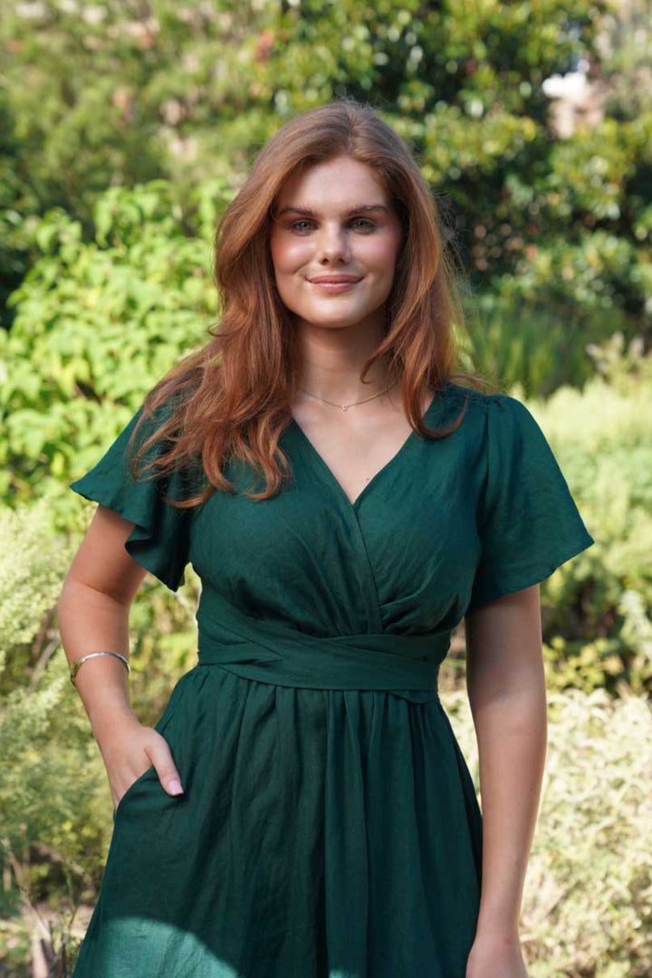 Phoebe Forest Green Dress - 100% Linen