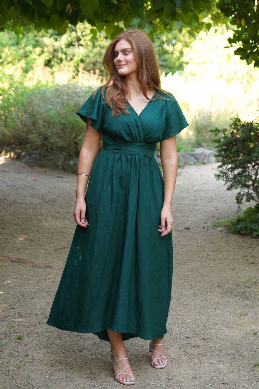 Phoebe Forest Green Dress - 100% Linen