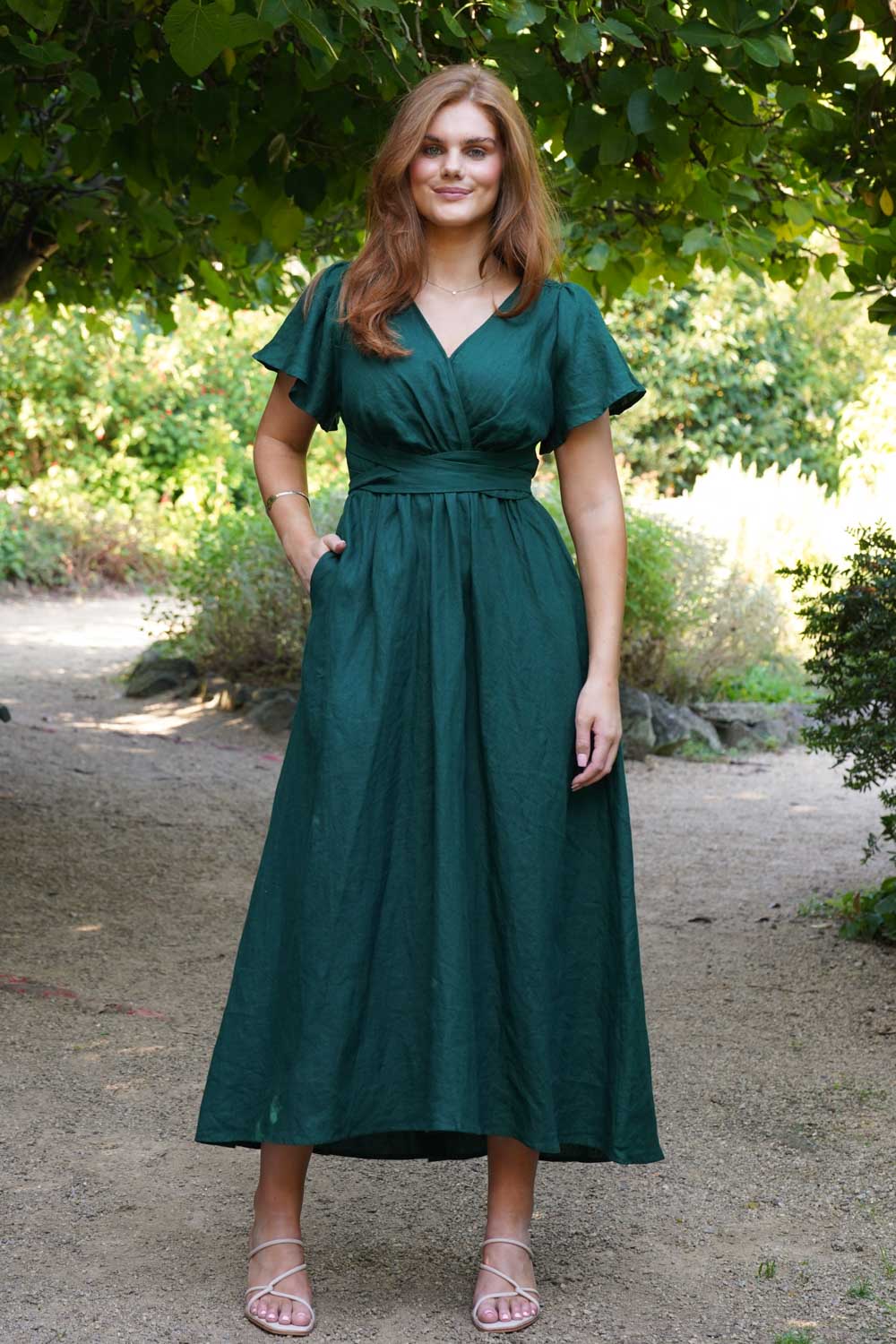 Phoebe Forest Green Dress - 100% Linen Aulieude Phoebe Forest Green Dress - 100% Linen Aulieude