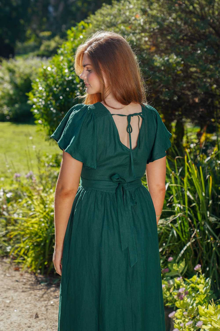 Phoebe Forest Green Dress - 100% Linen