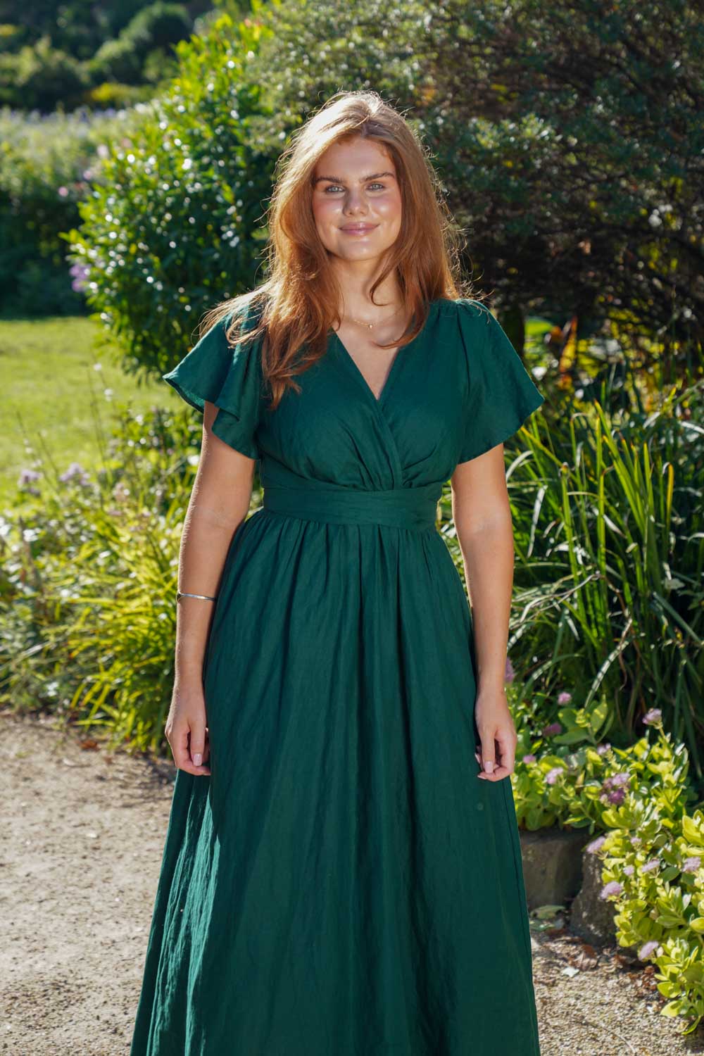 Phoebe Forest Green Dress - 100% Linen  Aulieude