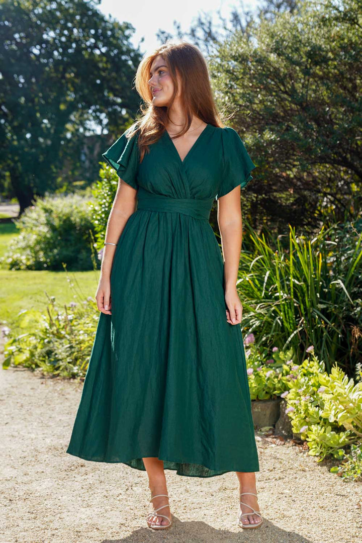 Phoebe Forest Green Dress - 100% Linen