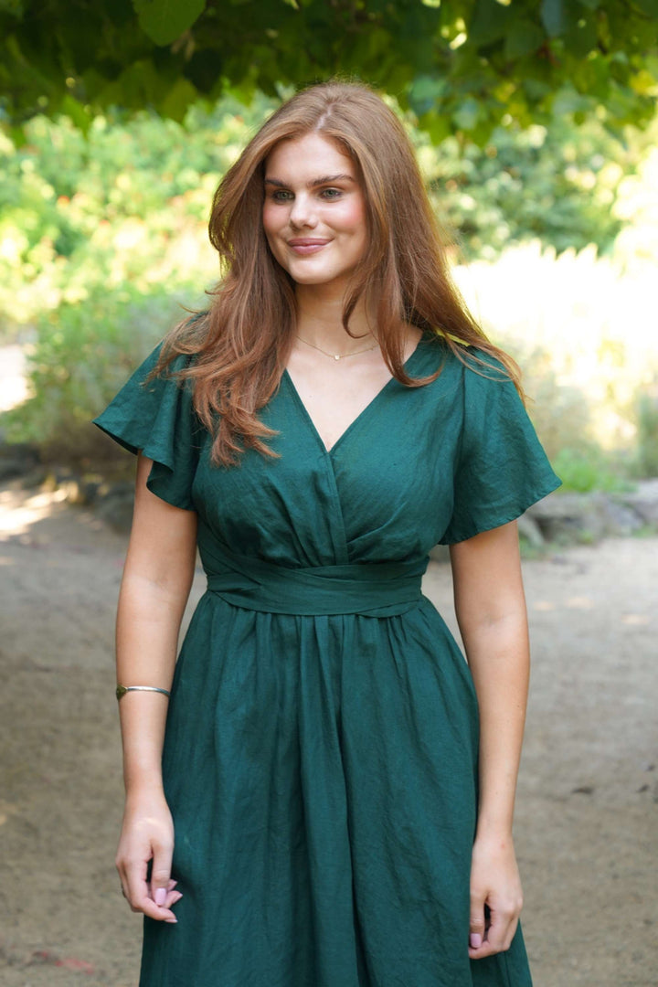 Phoebe Forest Green Dress - 100% Linen