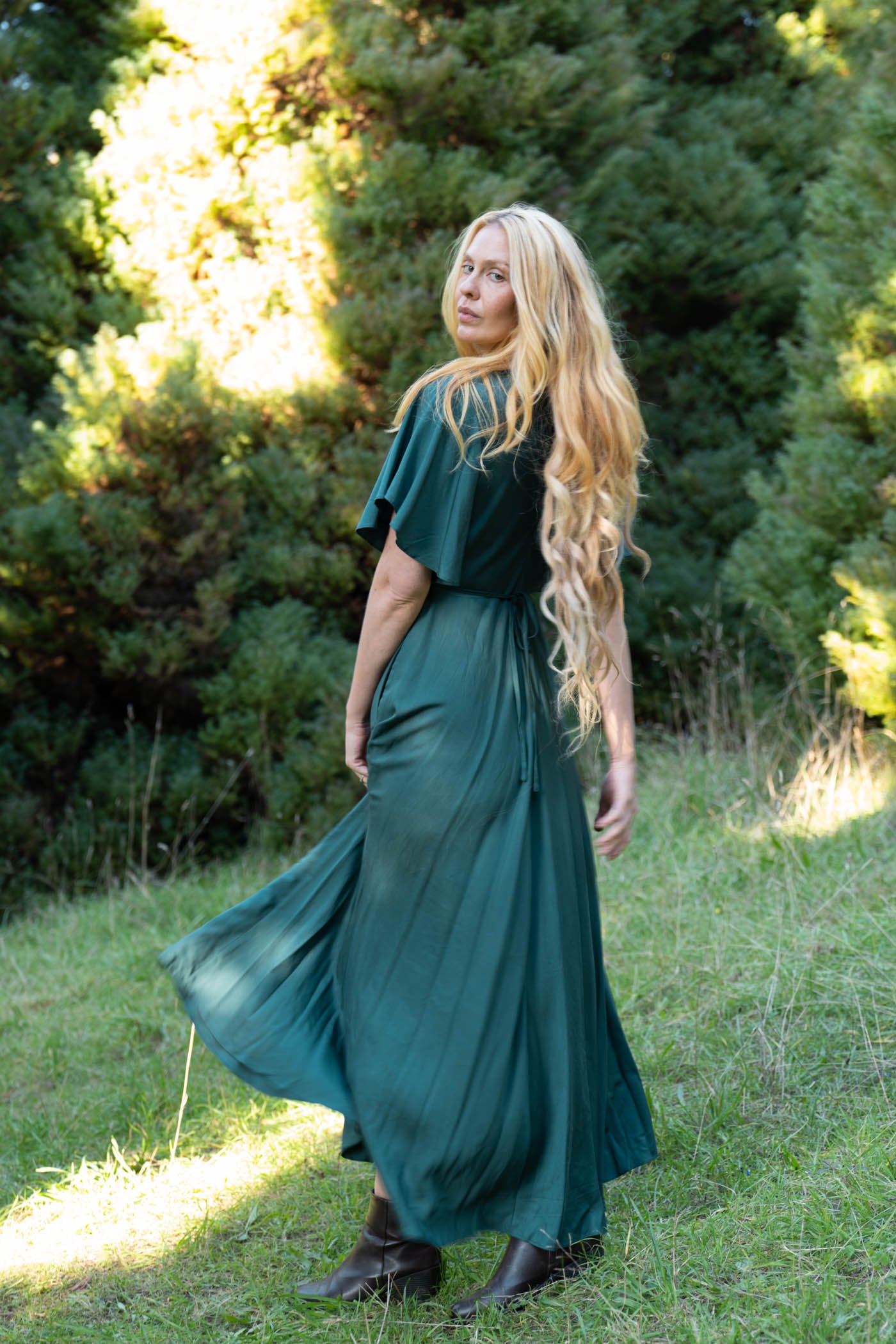 Athena Dress Emerald Green Tencel V-neck A-line butterfly sleeve