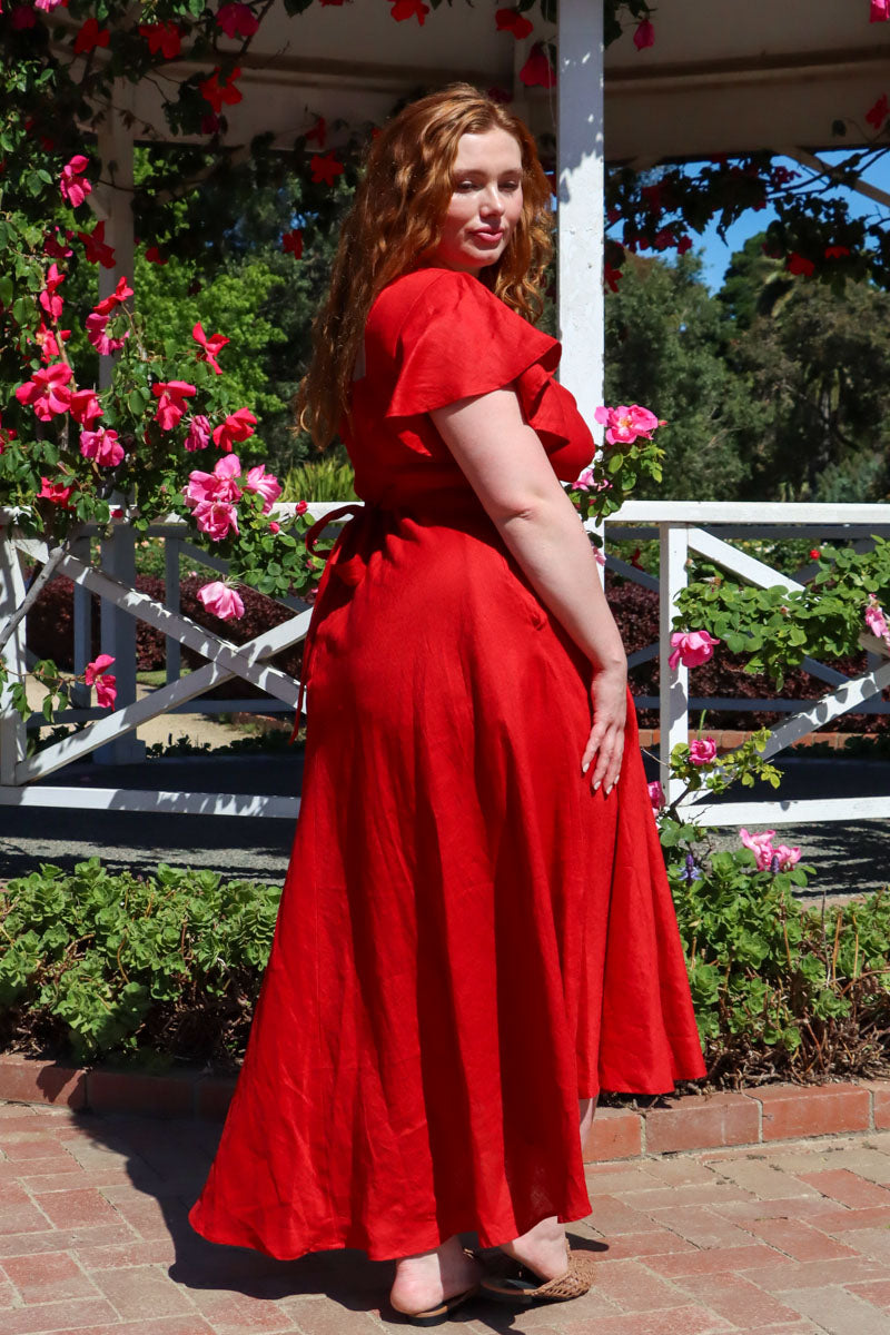 Adele Crimson Red Dress - 100% Linen