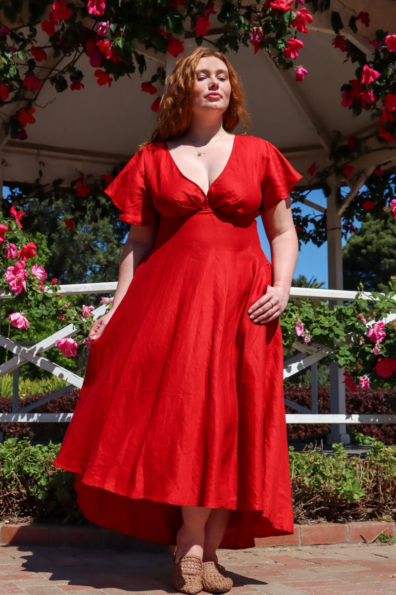 Adele Crimson Red Dress - 100% Linen