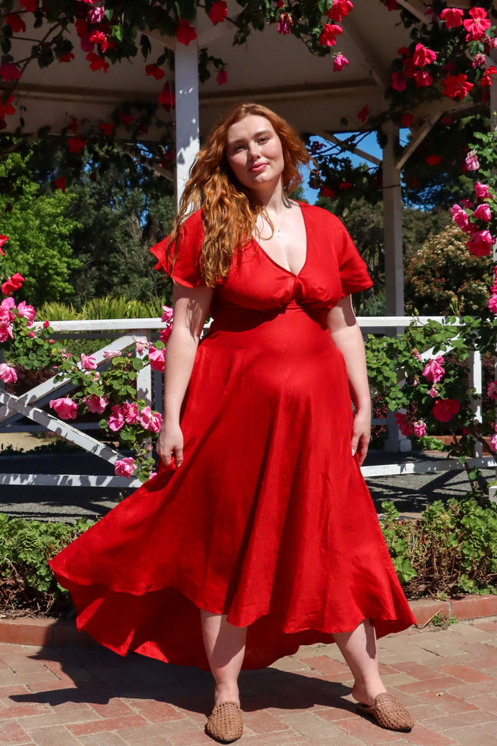 Adele Crimson Red Dress - 100% Linen