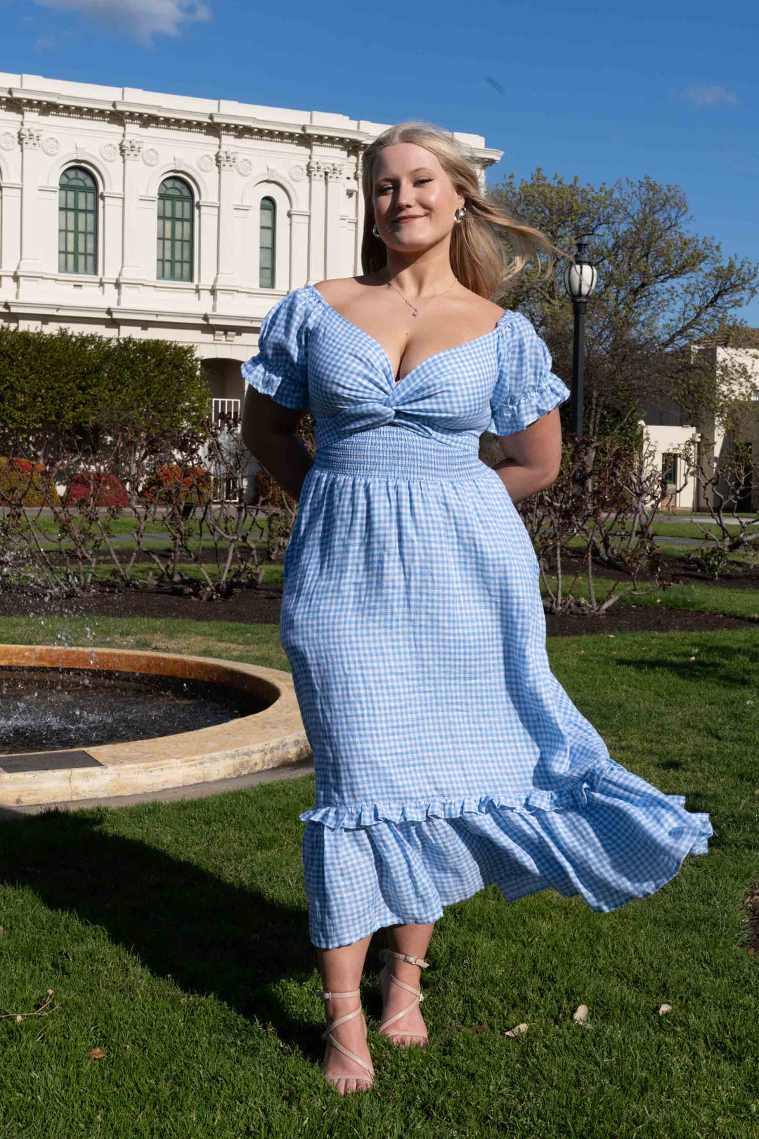 Marianne Blue Gingham Wrap Dress - 100% Linen