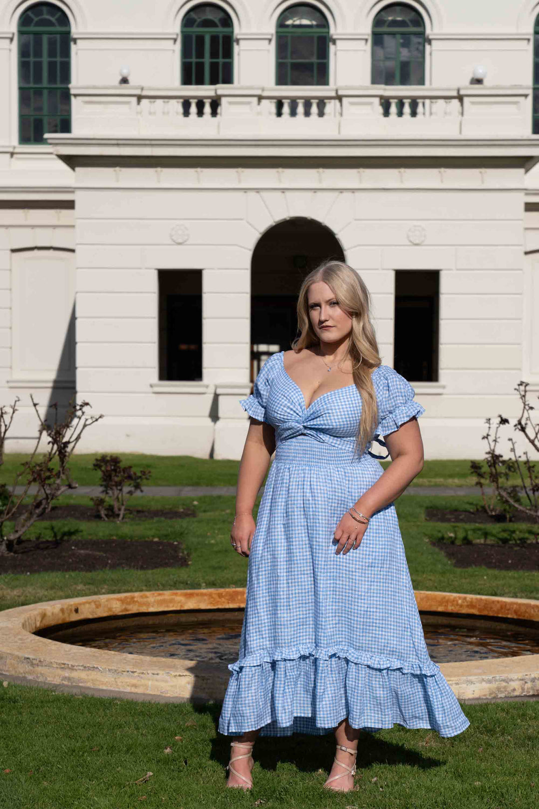 blue gingham dress australia Elderflower Front Pocket Maxi Dress Gingham Baby Blue