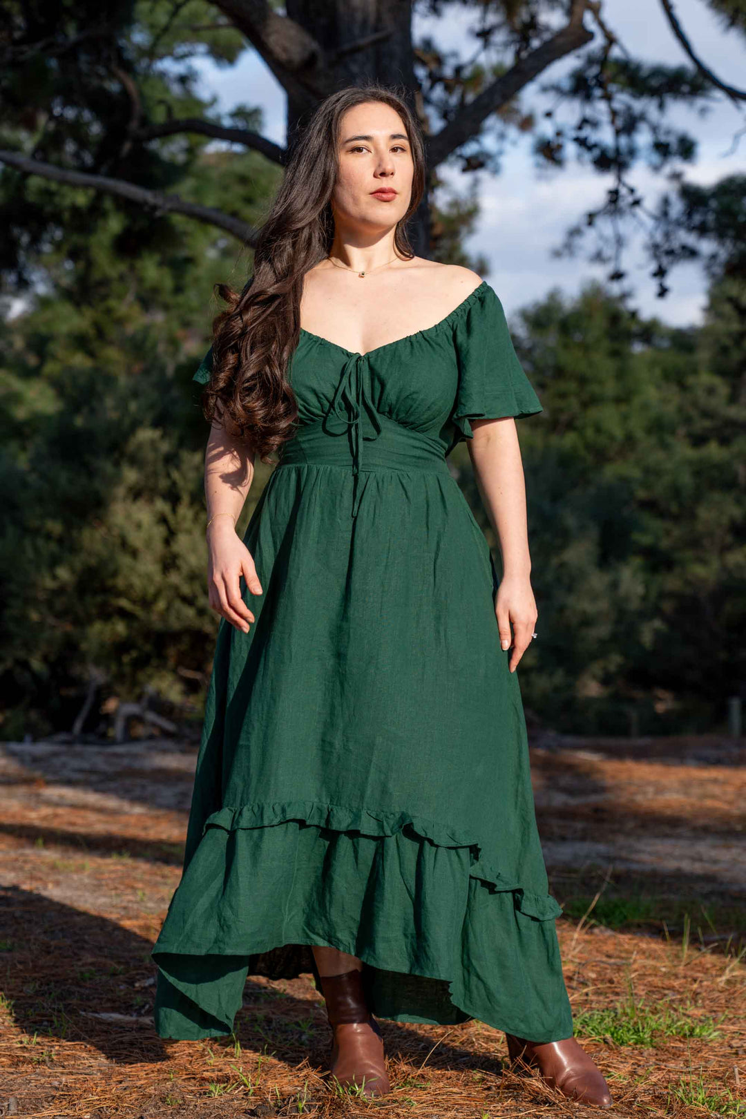 Ashley Forest Green Dress - Multiway Sleeves, Ruffle Hem & Big Pockets Aulieude Ashley Forest Green Dress - Multiway Sleeves, Ruffle Hem & Big Pockets Aulieude