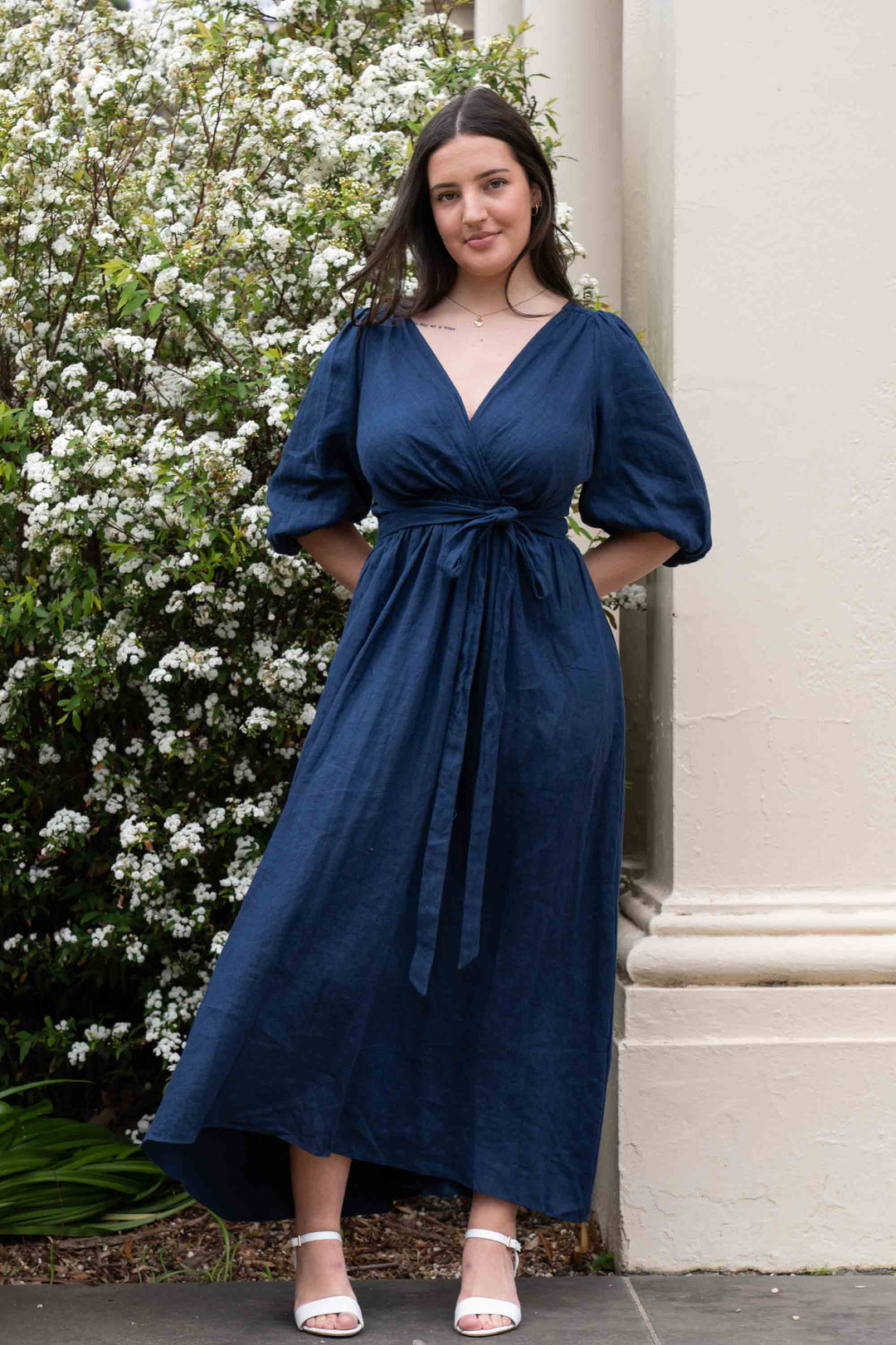 Navy Linen Wrap Dress with pockets – Aulieude