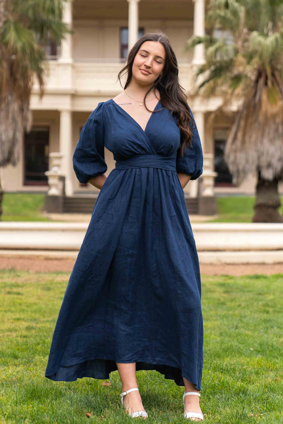 navy linen dress australia Navy Linen Wrap Dress with pockets Aulieude