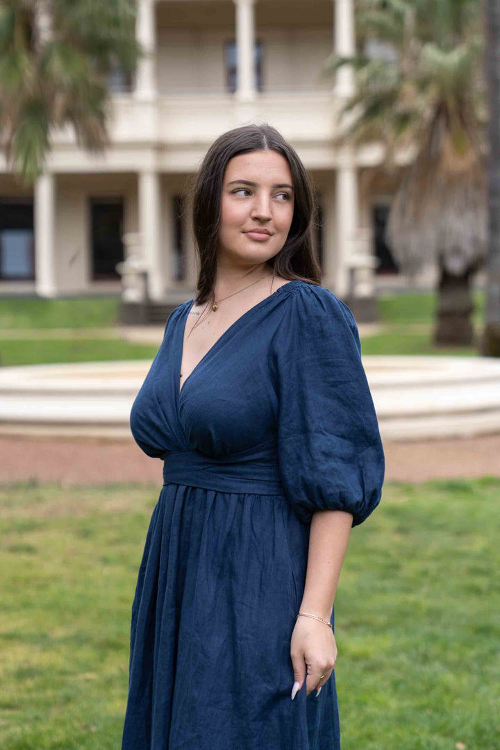 Jeanette Navy Dress - 100% Linen