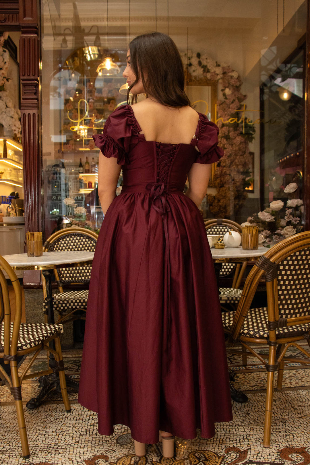 Cottage Core Cotton Sateen Corset Dress - Burgundy Plum Aulieude Cottage Core Cotton Sateen Corset Dress - Burgundy Plum Aulieude