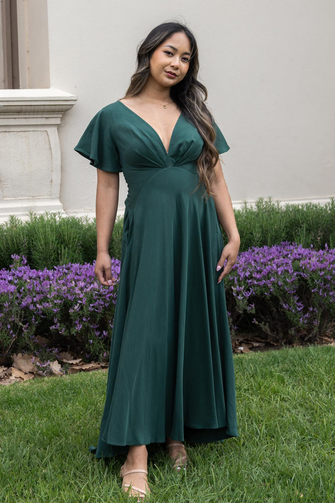 Forest Green Tencel Plunge V-neck A-line butterfly sleeve Dress Aulieude Forest Green Tencel Plunge V-neck A-line butterfly sleeve Dress Aulieude