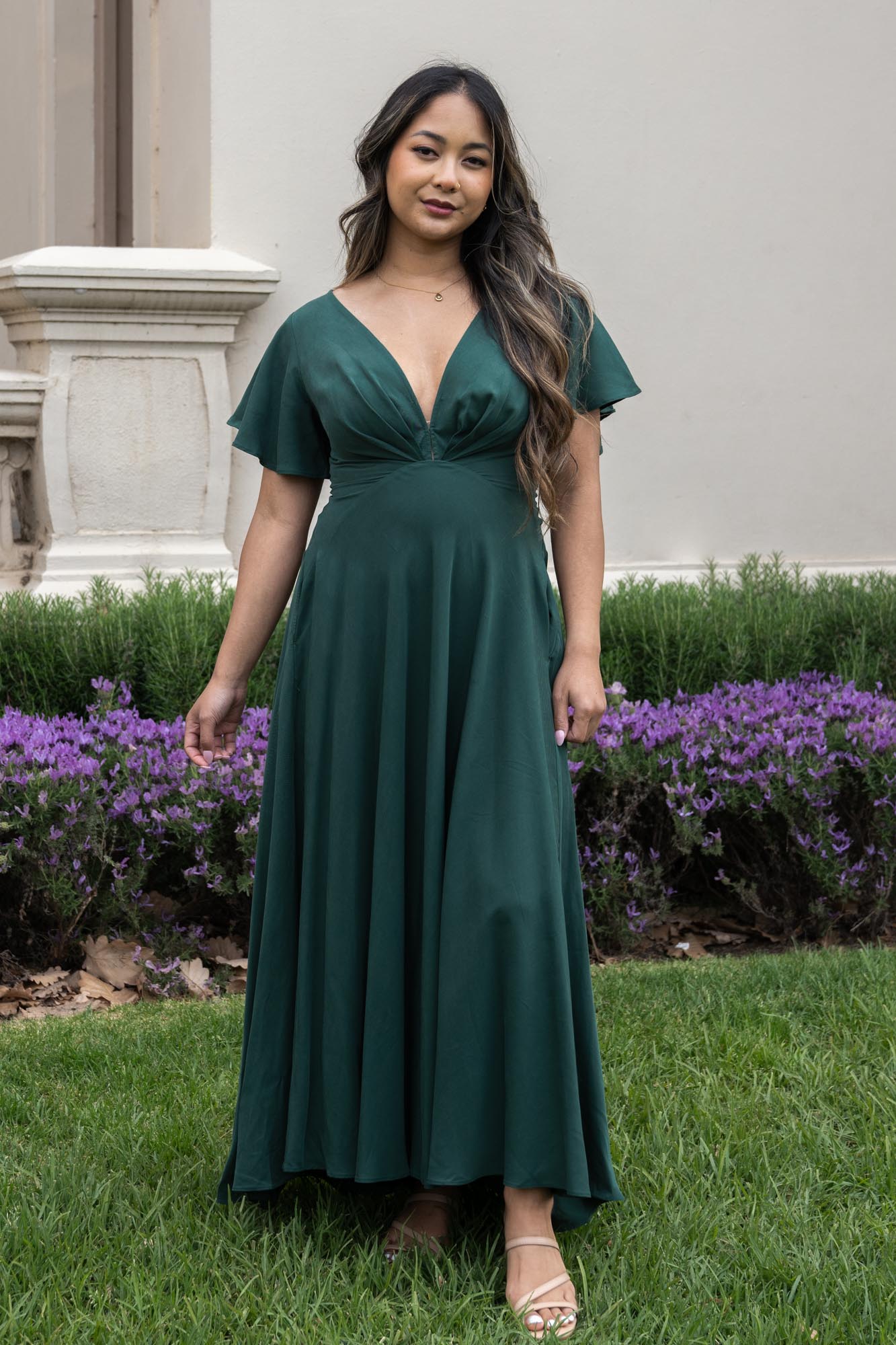 Forest Green Tencel Plunge V-neck A-line butterfly sleeve Dress