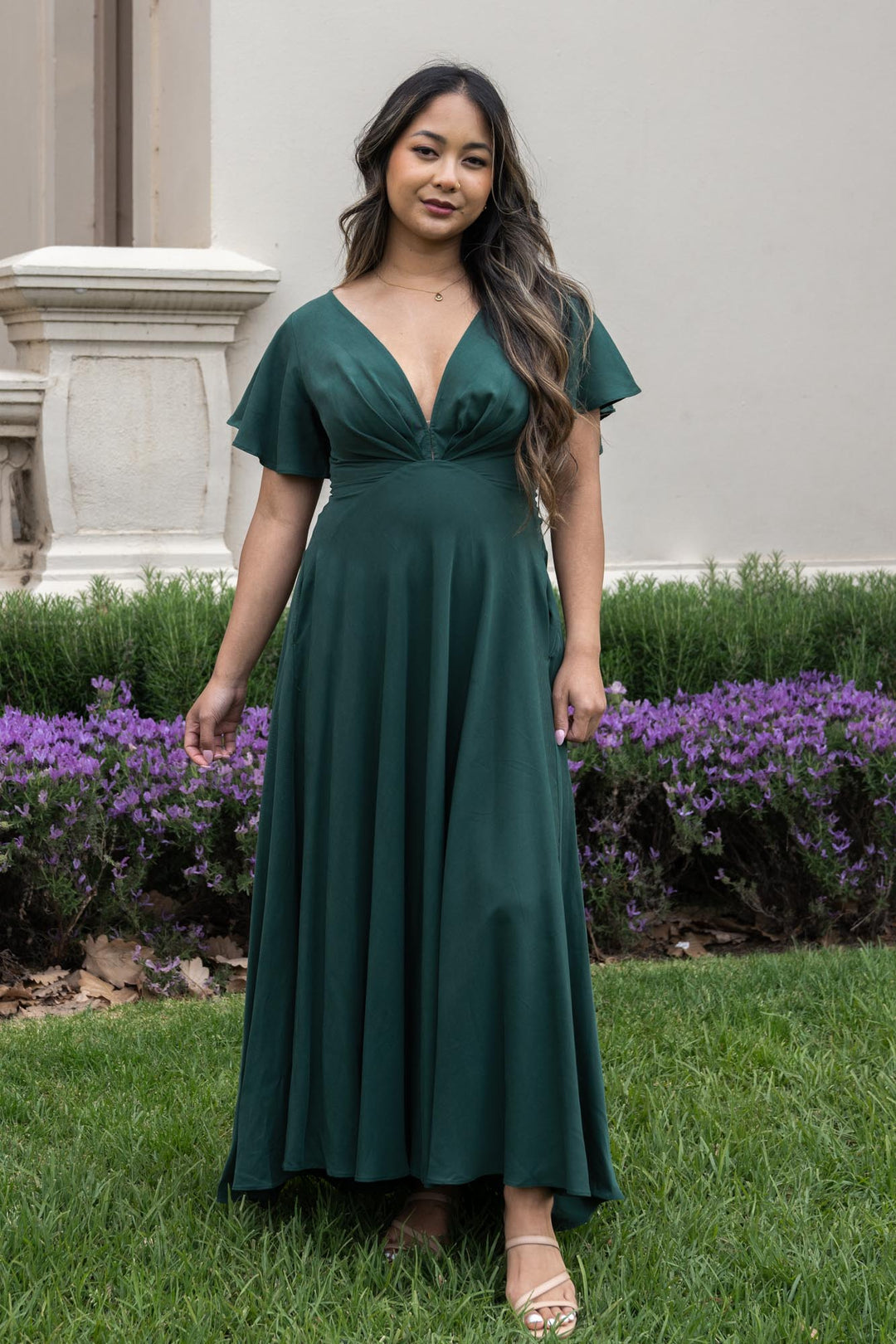 Forest Green Tencel Plunge V-neck A-line butterfly sleeve Dress Aulieude Forest Green Tencel Plunge V-neck A-line butterfly sleeve Dress Aulieude