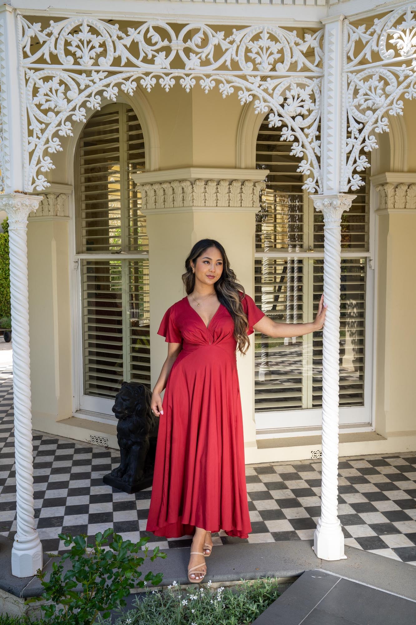 Red Berry Tencel Plunge V-neck A-line butterfly Sleeve Dress