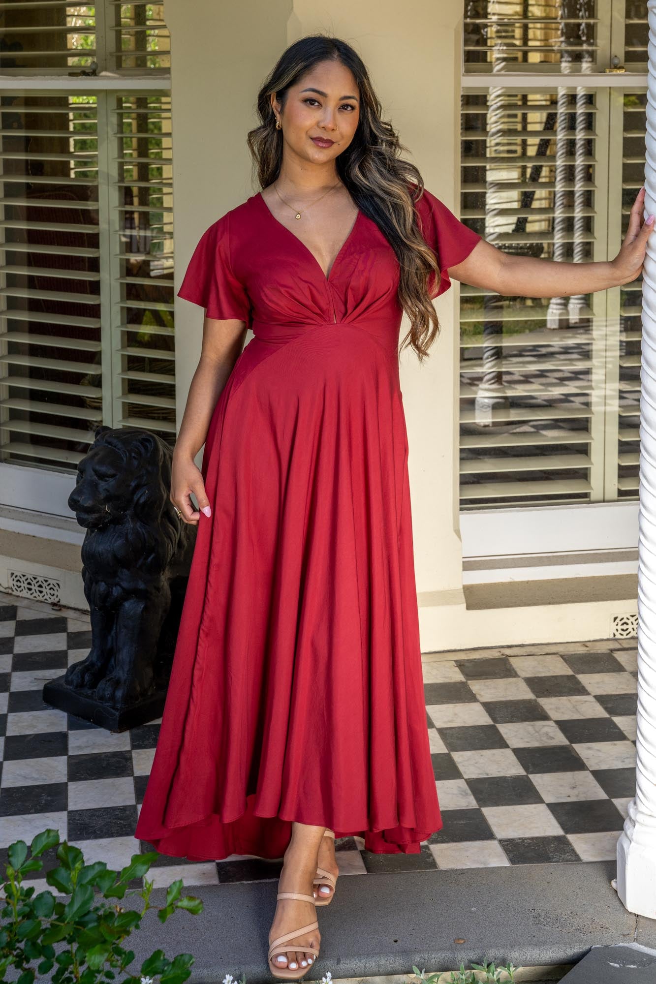 Red Berry Tencel Plunge V-neck A-line butterfly Sleeve Dress