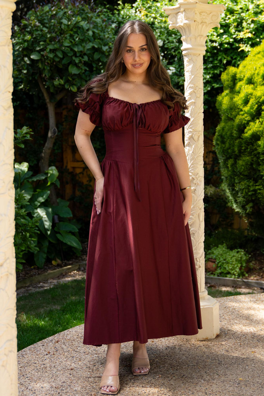 Cottage Core Cotton Sateen Corset Dress - Burgundy Plum Aulieude Cottage Core Cotton Sateen Corset Dress - Burgundy Plum Aulieude