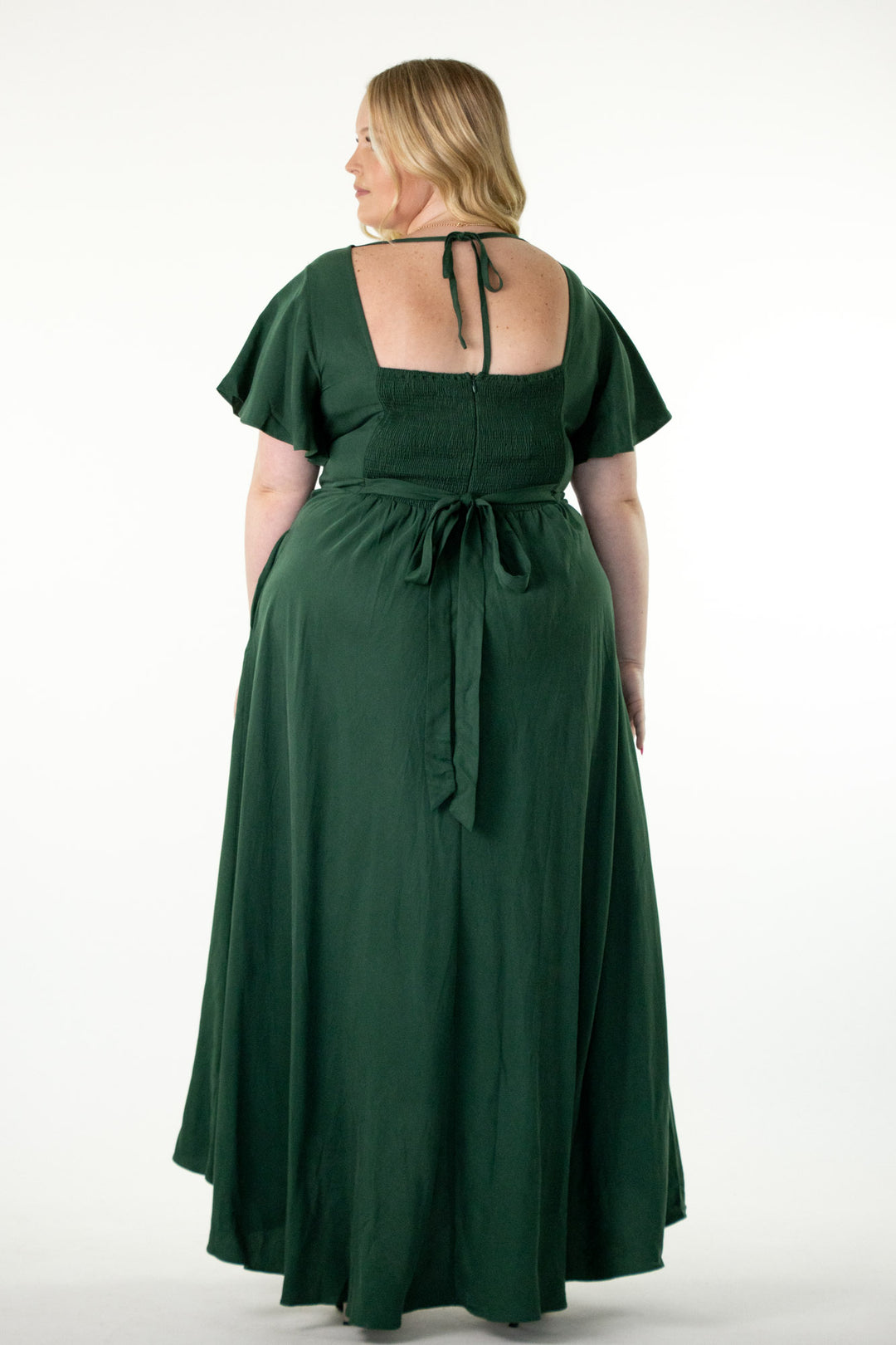 Forest Green Tencel Plunge V-neck A-line butterfly sleeve Dress Aulieude Forest Green Tencel Plunge V-neck A-line butterfly sleeve Dress Aulieude