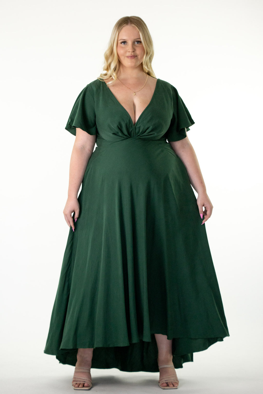 Forest Green Tencel Plunge V-neck A-line butterfly sleeve Dress Aulieude Forest Green Tencel Plunge V-neck A-line butterfly sleeve Dress Aulieude