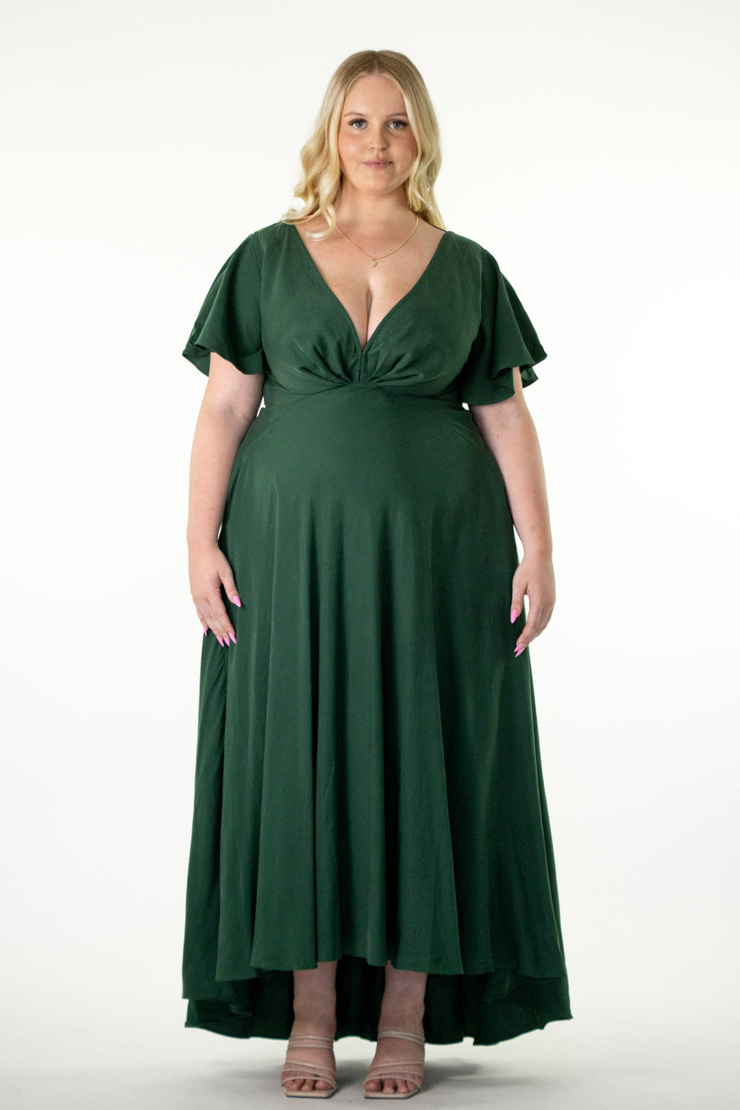 Forest Green Tencel Plunge V-neck A-line butterfly sleeve Dress Aulieude Forest Green Tencel Plunge V-neck A-line butterfly sleeve Dress Aulieude
