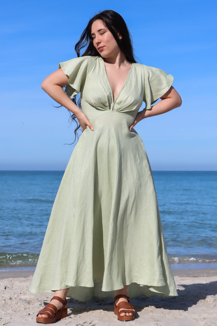 Adele Sage Dress - 100% Linen