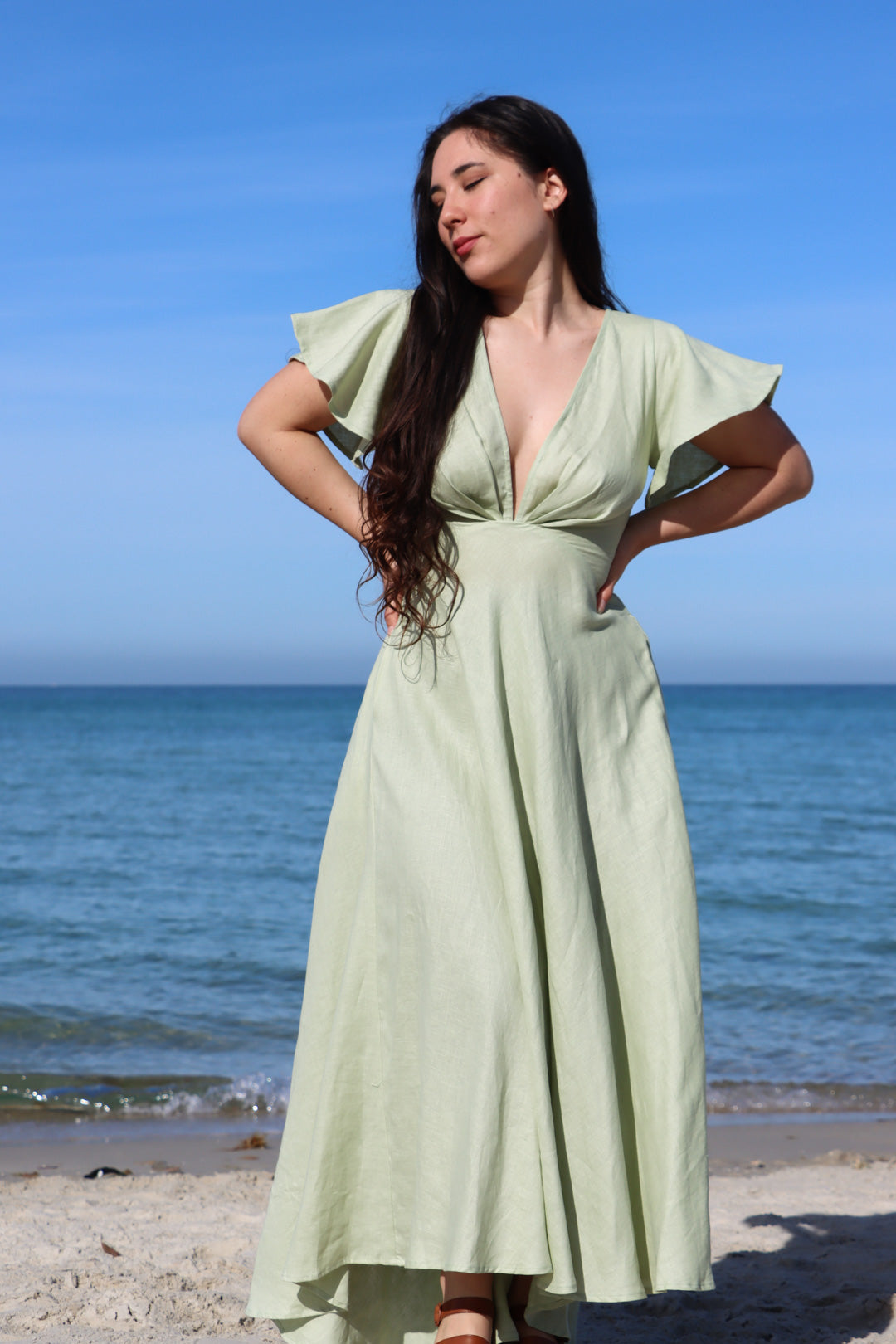 Adele Sage Dress - 100% Linen