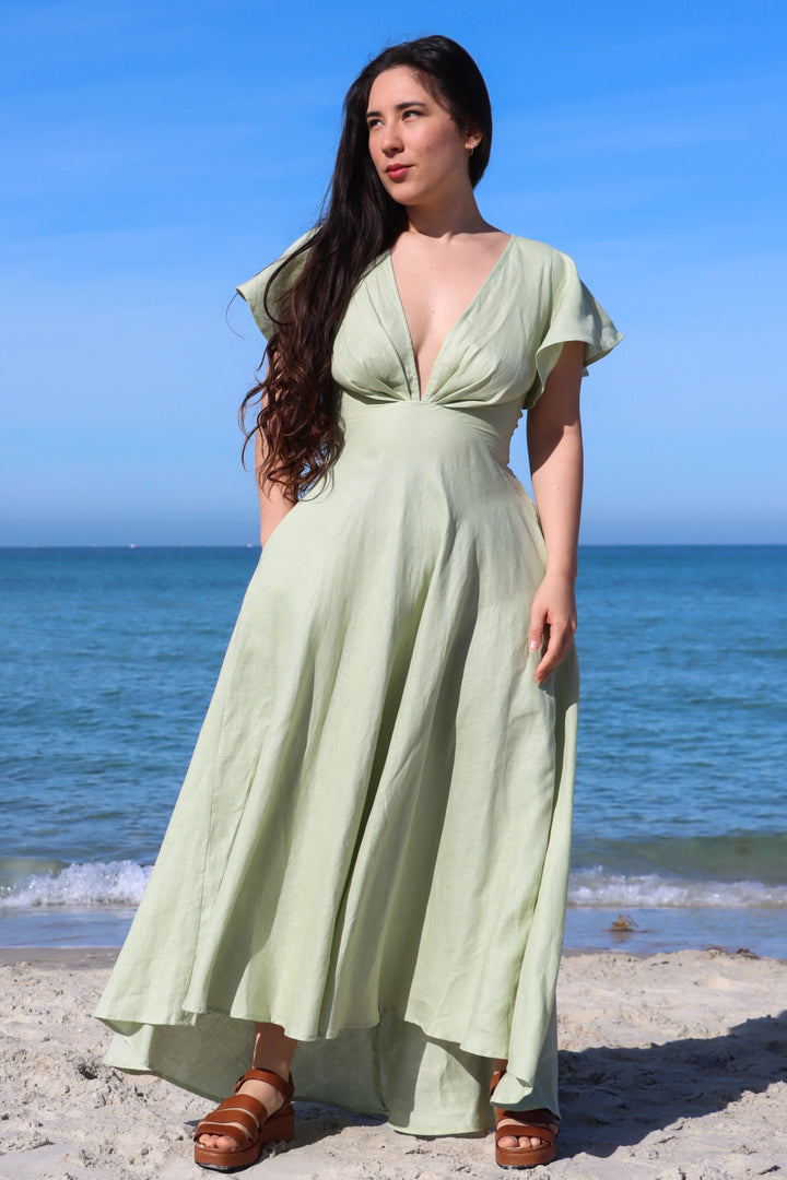 Adele Sage Dress - 100% Linen