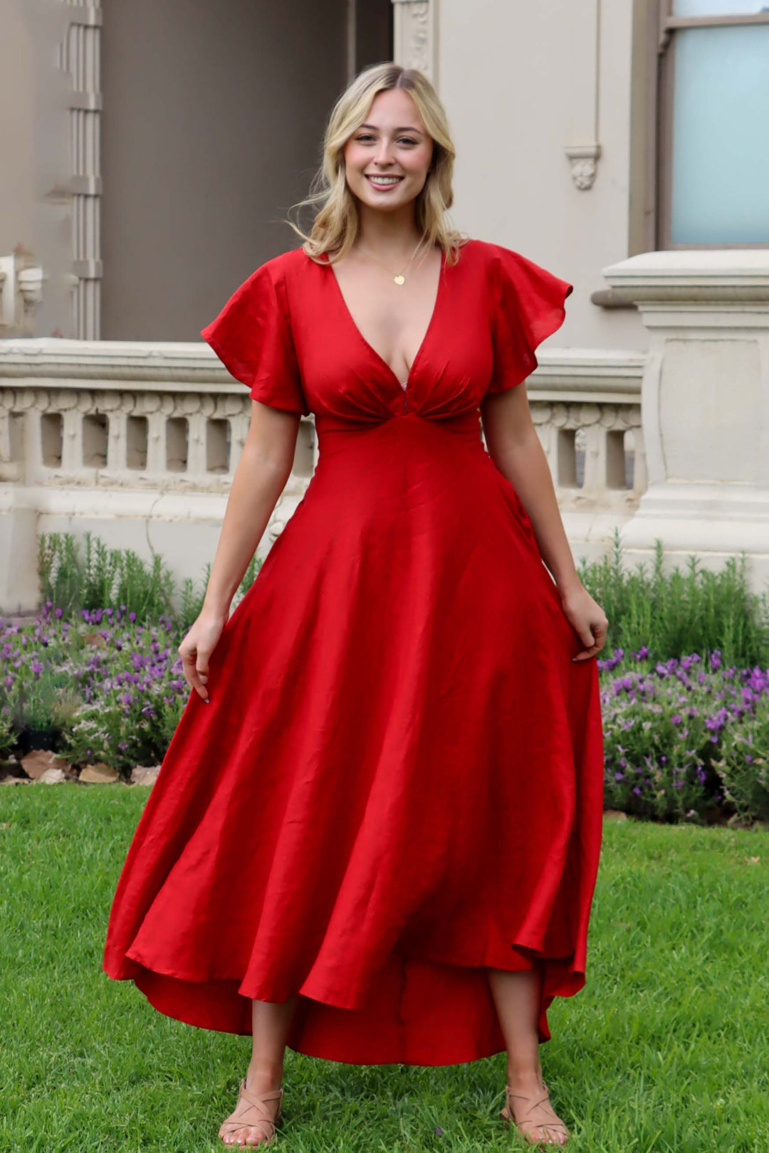 Adele Crimson Red Dress - 100% Linen