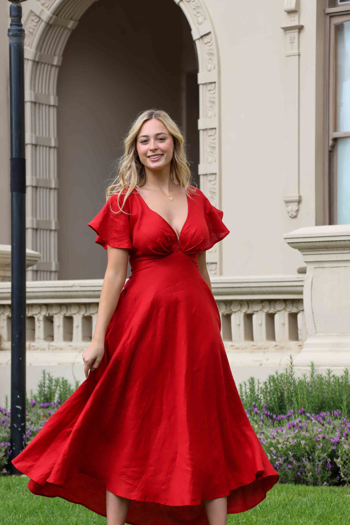 Adele Crimson Red Dress - 100% Linen
